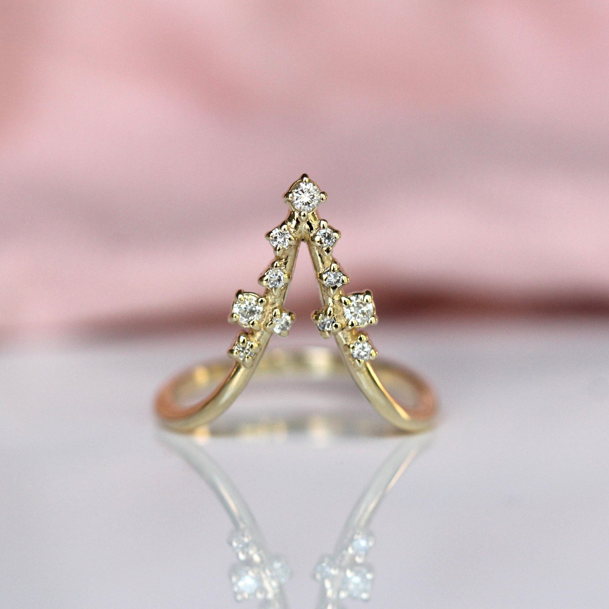 14K Deep Chevron Cluster Ring, Diamond Cluster Ring, 10K V Ring, Deep V Ring, Stacking Ring, April Birthstone, Diamond Mixed Size, Minimal
