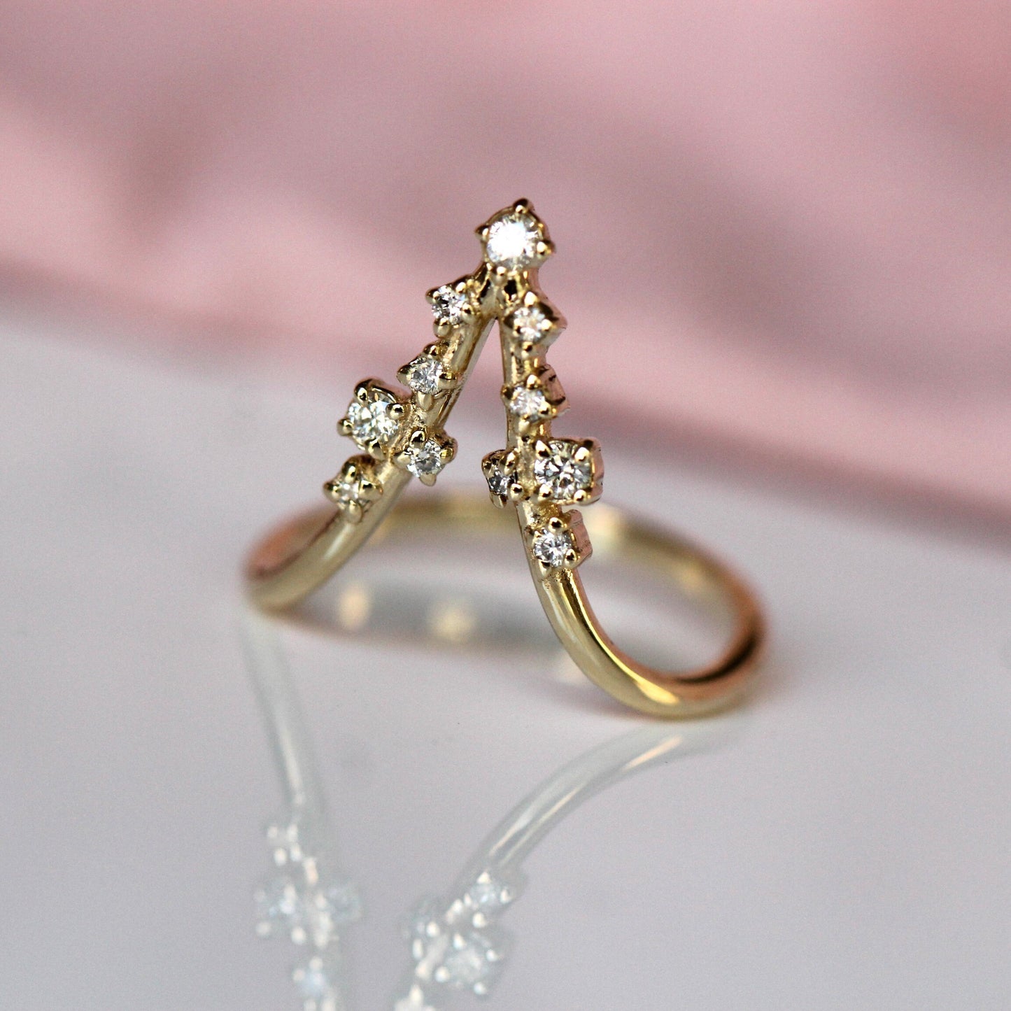 14K Deep Chevron Cluster Ring, Diamond Cluster Ring, 10K V Ring, Deep V Ring, Stacking Ring, April Birthstone, Diamond Mixed Size, Minimal