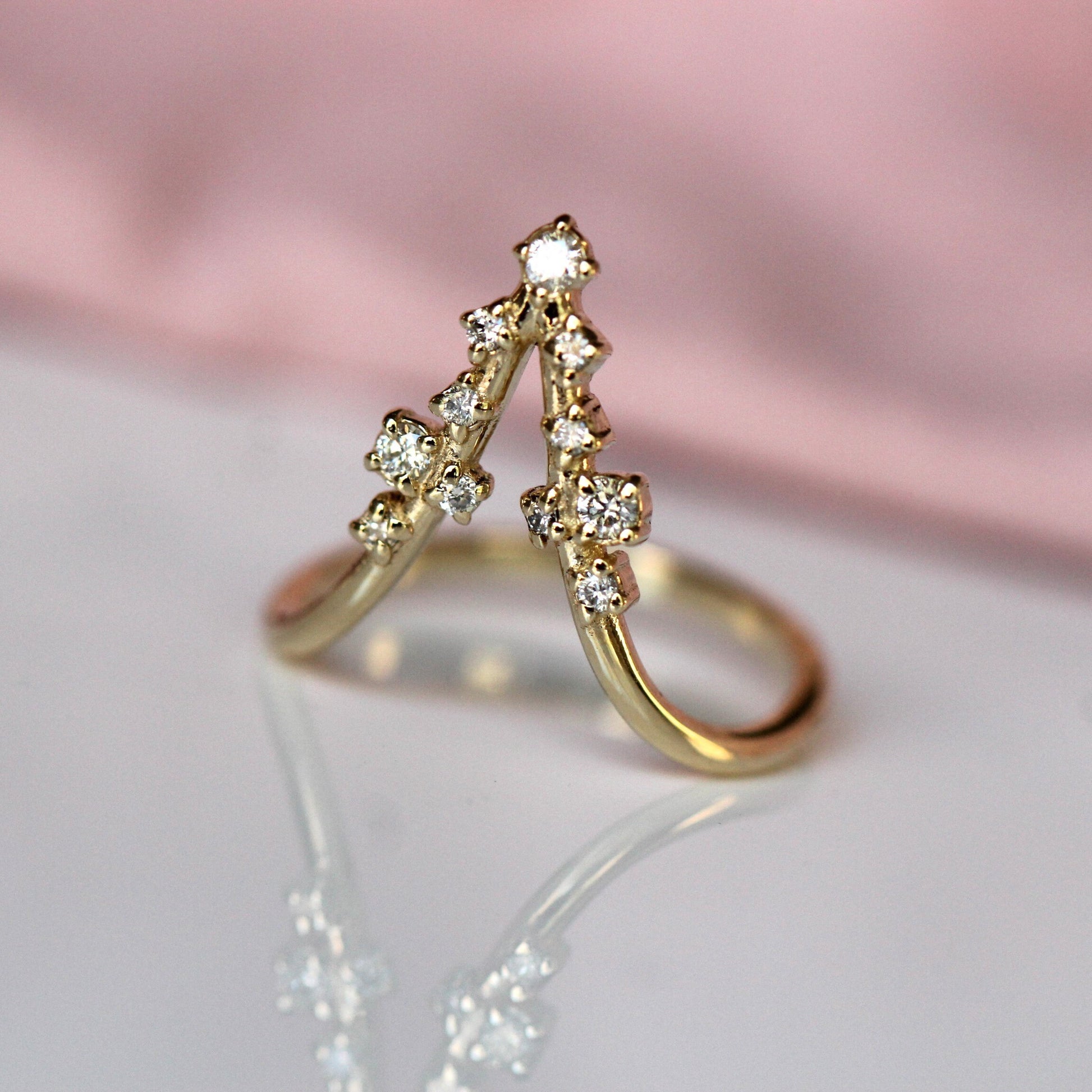 14K Deep Chevron Cluster Ring, Diamond Cluster Ring, 10K V Ring, Deep V Ring, Stacking Ring, April Birthstone, Diamond Mixed Size, Minimal