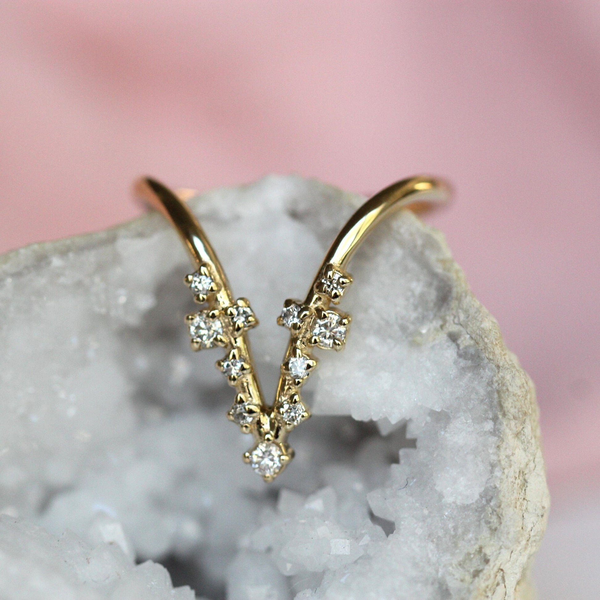 14K Deep Chevron Cluster Ring, Diamond Cluster Ring, 10K V Ring, Deep V Ring, Stacking Ring, April Birthstone, Diamond Mixed Size, Minimal