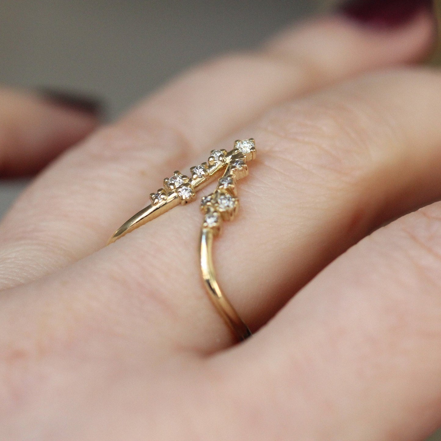 14K Deep Chevron Cluster Ring, Diamond Cluster Ring, 10K V Ring, Deep V Ring, Stacking Ring, April Birthstone, Diamond Mixed Size, Minimal