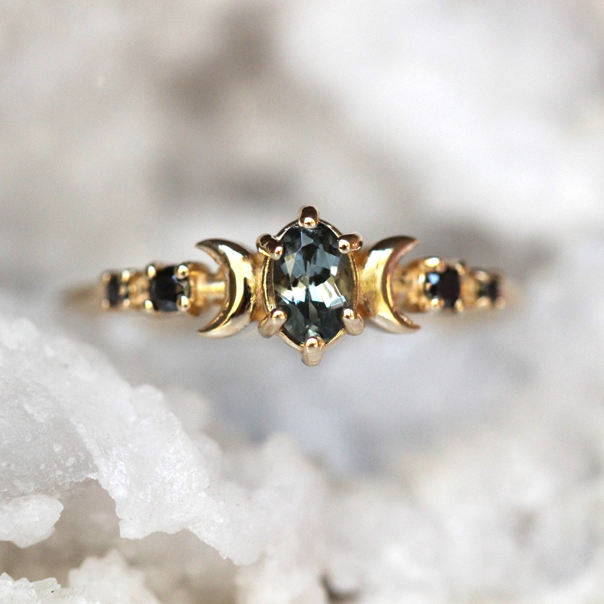 14K Moon Phase Ring, Grey Spinel and Black Diamond Ring, Double Moon Ring, 10K, Astrology Ring, Grey Stone Ring, Oval Stone, Grey Gemstone