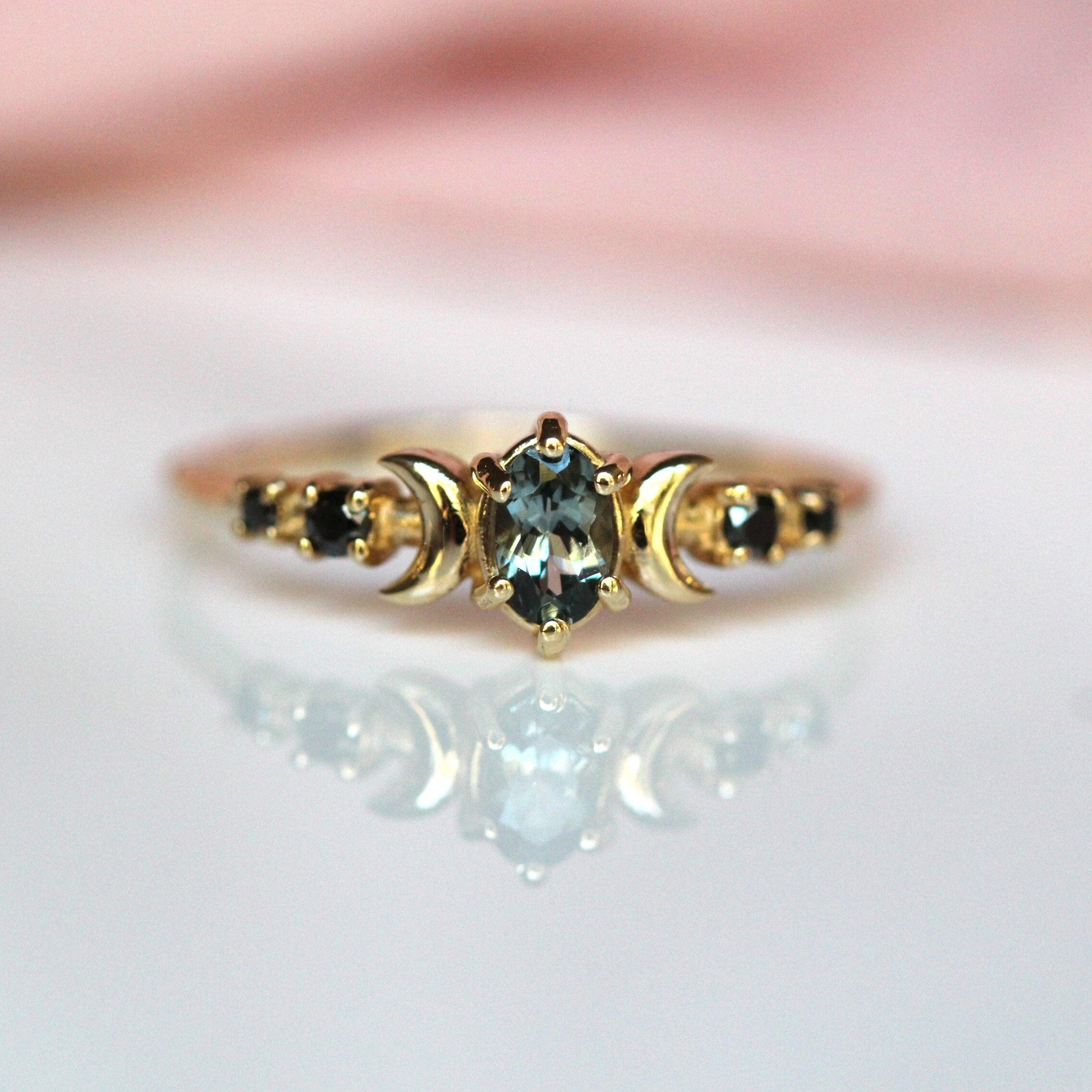 14K Moon Phase Ring, Grey Spinel and Black Diamond Ring, Double Moon Ring, 10K, Astrology Ring, Grey Stone Ring, Oval Stone, Grey Gemstone