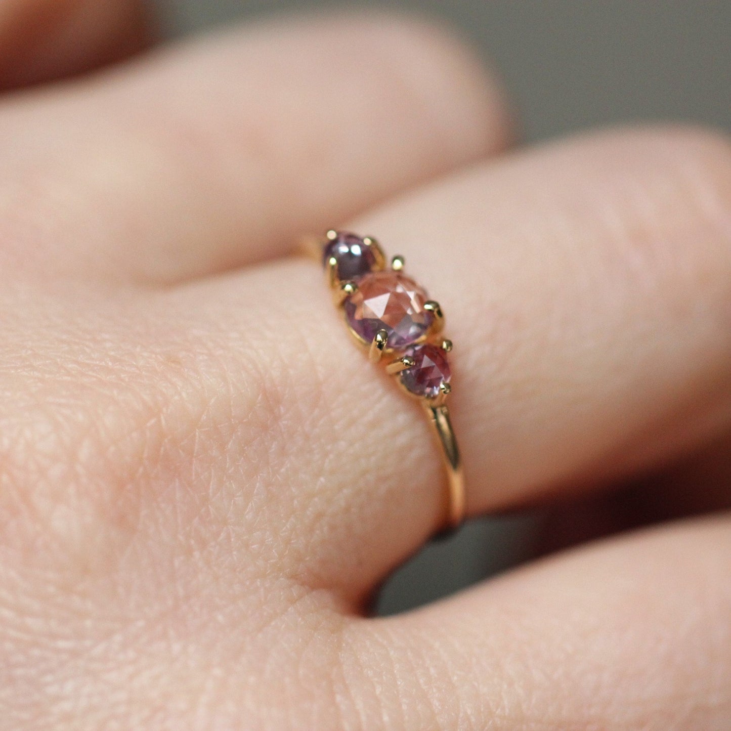 14K Alexandrite Ring, Three Stone Ring, Three Cabochon Ring, Color Changing Stone, Lab Made, 10K, June Birthstone, Purple Green, Rose Cut