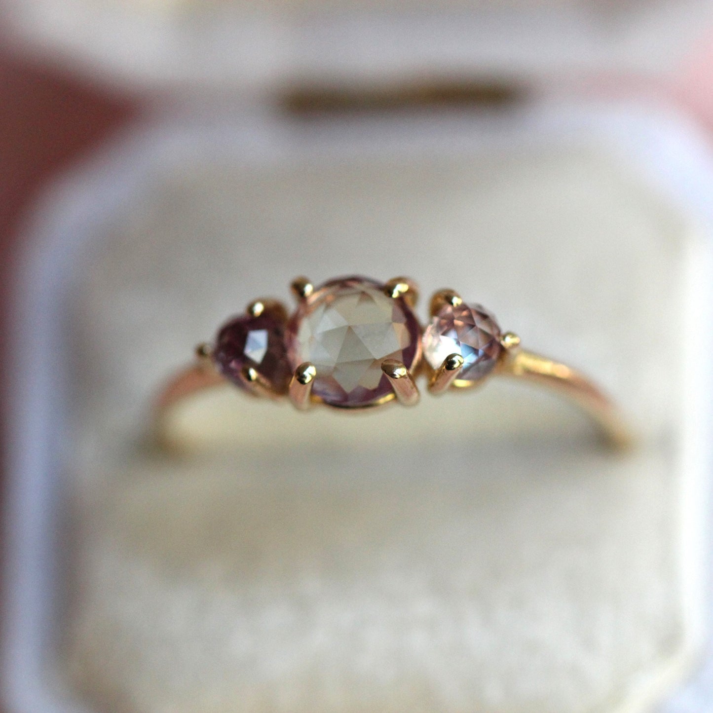 14K Alexandrite Ring, Three Stone Ring, Three Cabochon Ring, Color Changing Stone, Lab Made, 10K, June Birthstone, Purple Green, Rose Cut