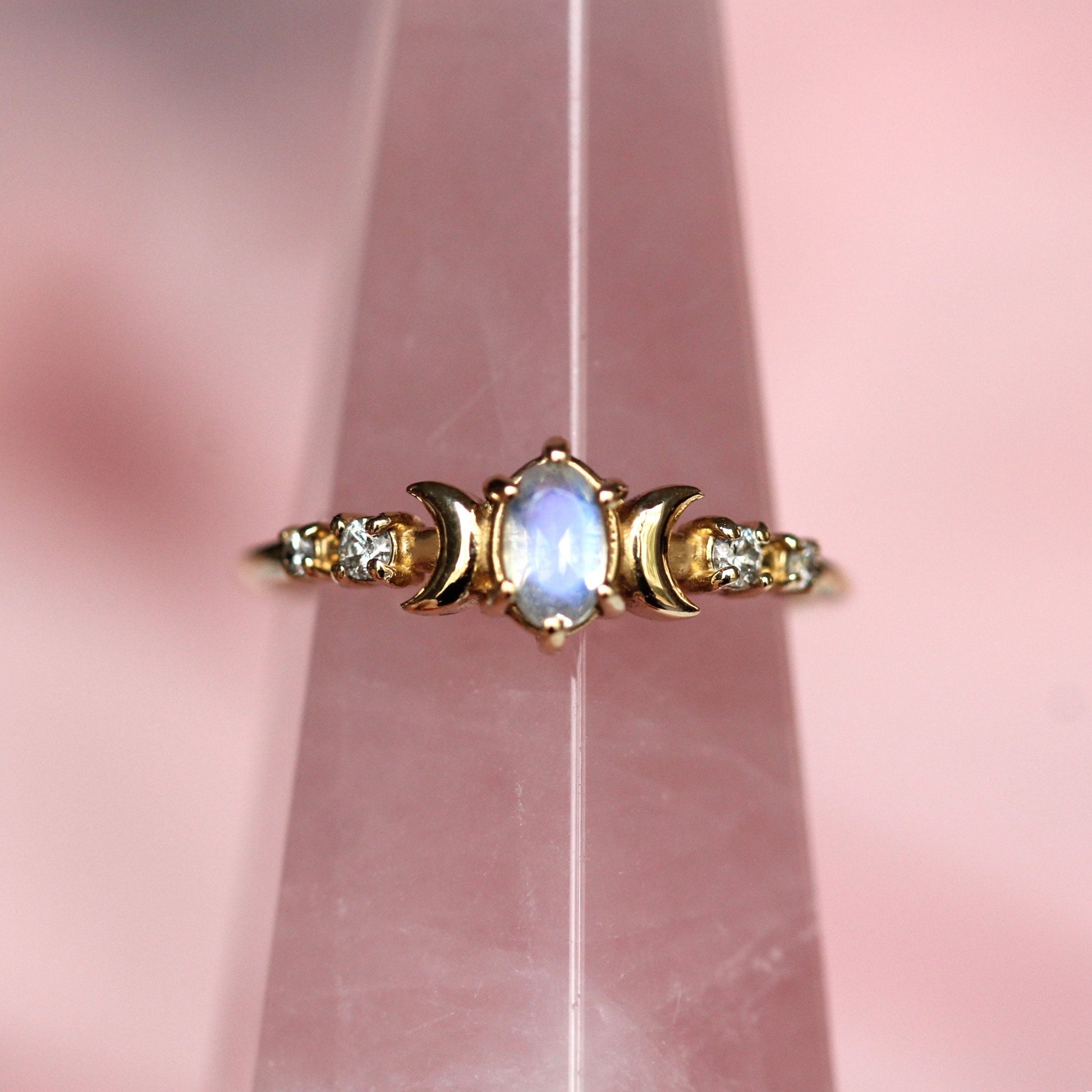 14K Moon Phase Ring, Rainbow Moonstone and Diamond Ring, Double Moon Ring, 10K, Astrology Ring, Blue Stone Ring, Oval Stone, Gemstone