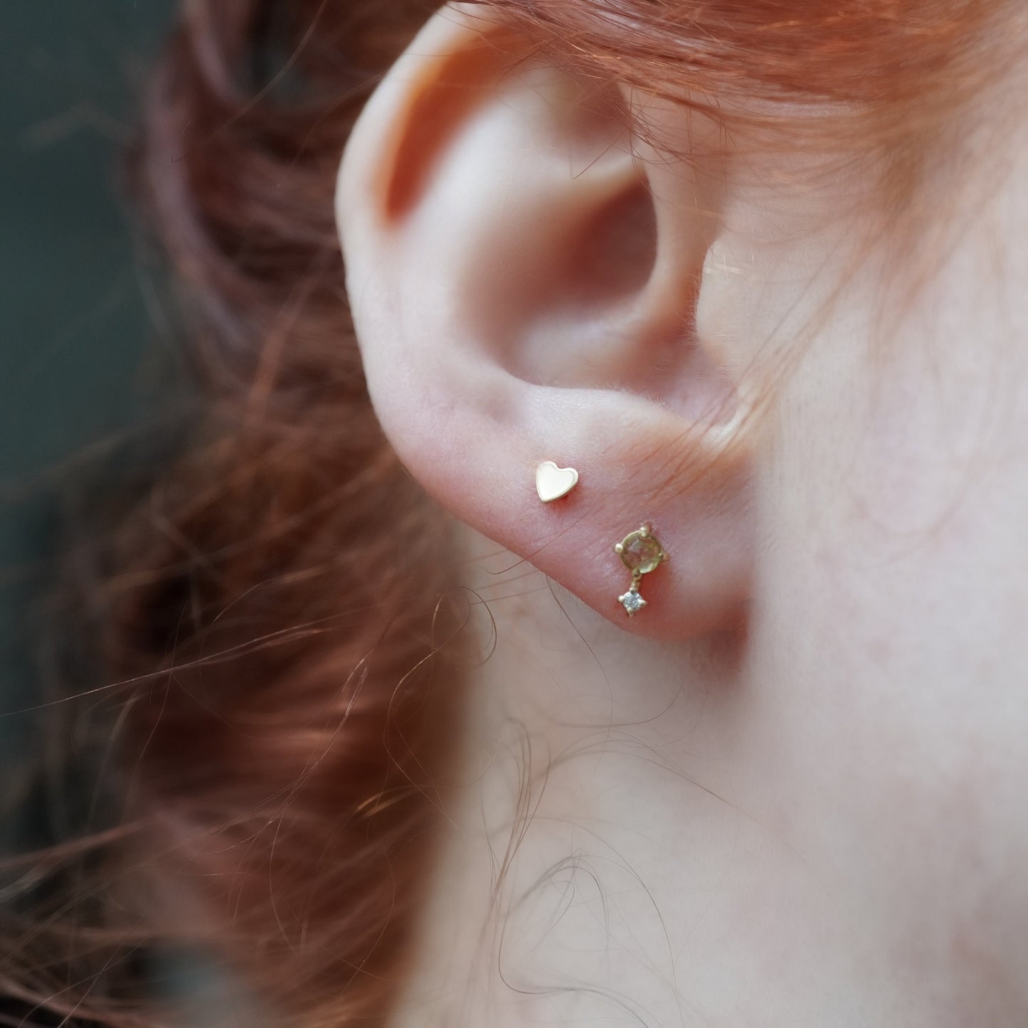 14K Peridot Diamond Studs, Love Drop Studs, Green Stone Earrings, August Birthstone, Two Stone Studs, Solid Gold Earrings, Rose Cut Stone