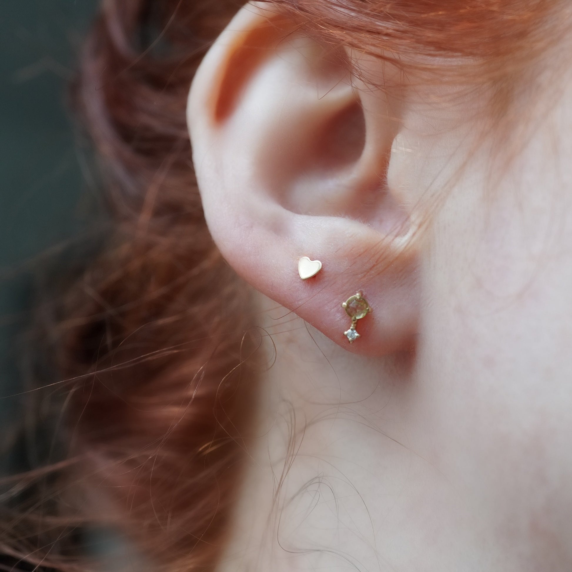 14K Peridot Diamond Studs, Love Drop Studs, Green Stone Earrings, August Birthstone, Two Stone Studs, Solid Gold Earrings, Rose Cut Stone