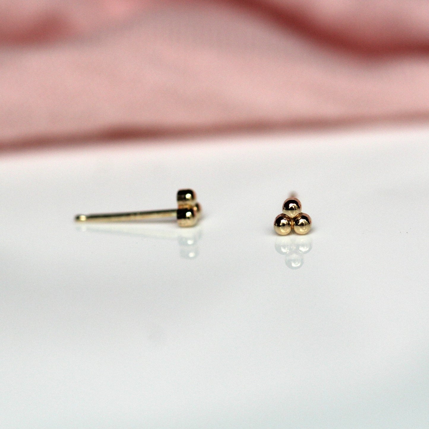 Solid 14K Gold Bead Studs, Triangle Studs, Three Dot Studs, Real Gold, Beaded Studs, Dot Studs, Triple Dot Studs, Solid Gold, Bead Stud