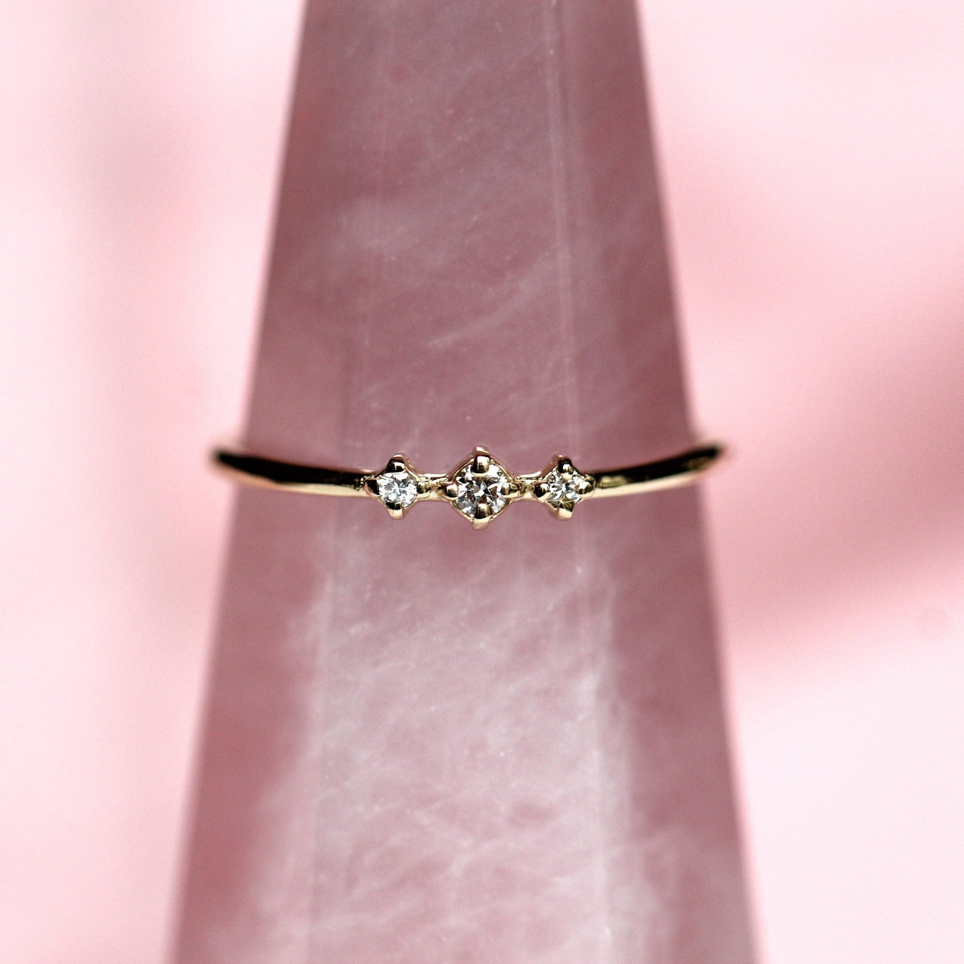 14K Gold Three Stone Diamond Ring, "Snow Dance" Ring, 10K Ring, Diamond, April Birthstone, Three Diamond Ring, Stacking Ring, Minimal