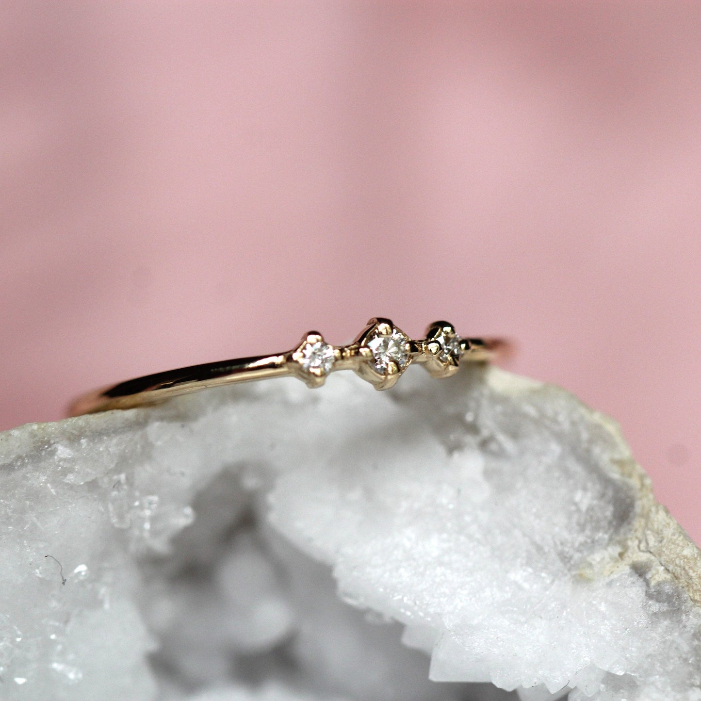 14K Gold Three Stone Diamond Ring, "Snow Dance" Ring, 10K Ring, Diamond, April Birthstone, Three Diamond Ring, Stacking Ring, Minimal