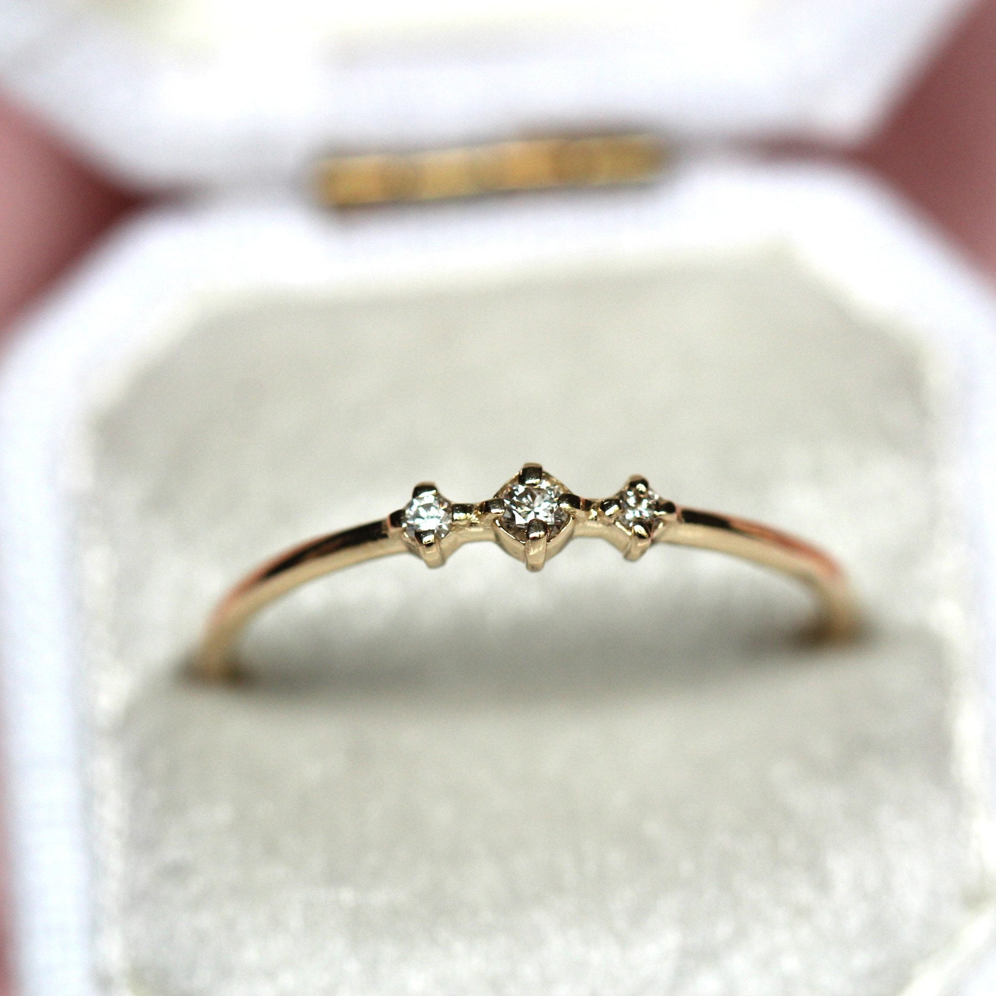 14K Gold Three Stone Diamond Ring, "Snow Dance" Ring, 10K Ring, Diamond, April Birthstone, Three Diamond Ring, Stacking Ring, Minimal