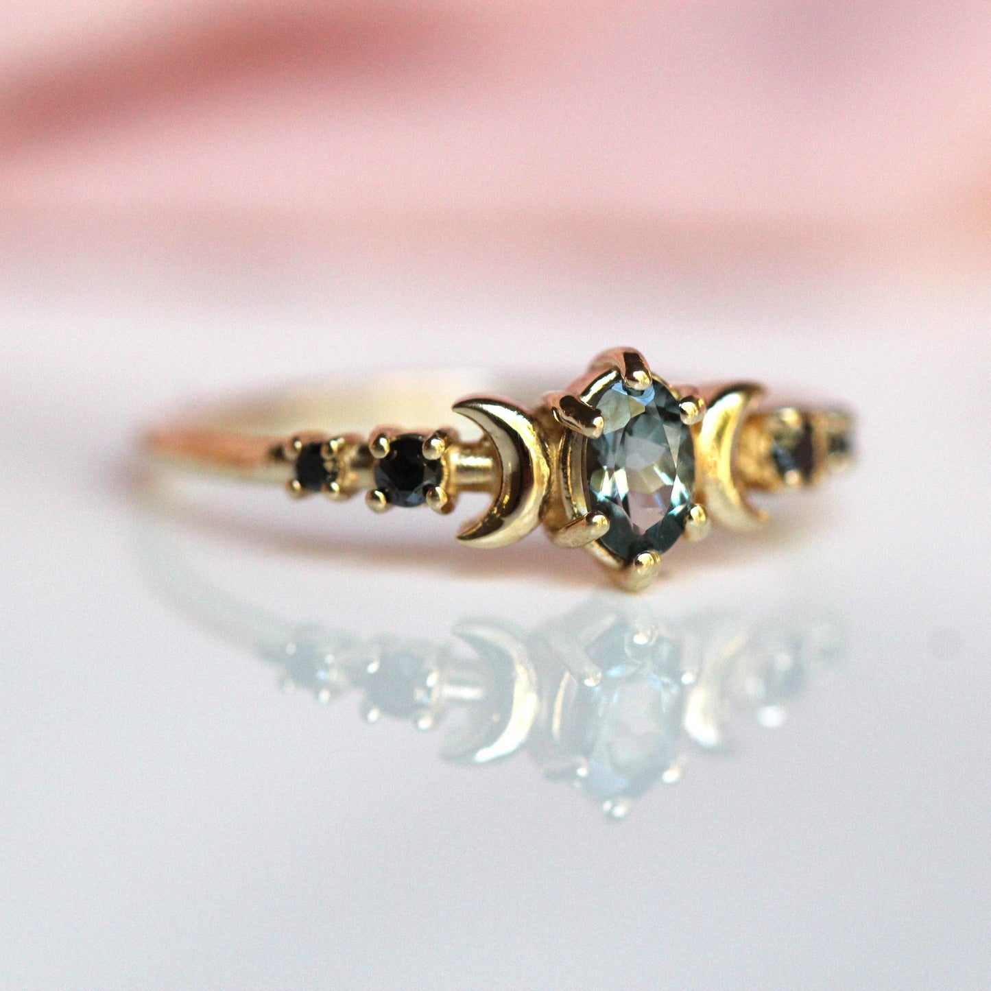 14K Moon Phase Ring, Grey Spinel and Black Diamond Ring, Double Moon Ring, 10K, Astrology Ring, Grey Stone Ring, Oval Stone, Grey Gemstone