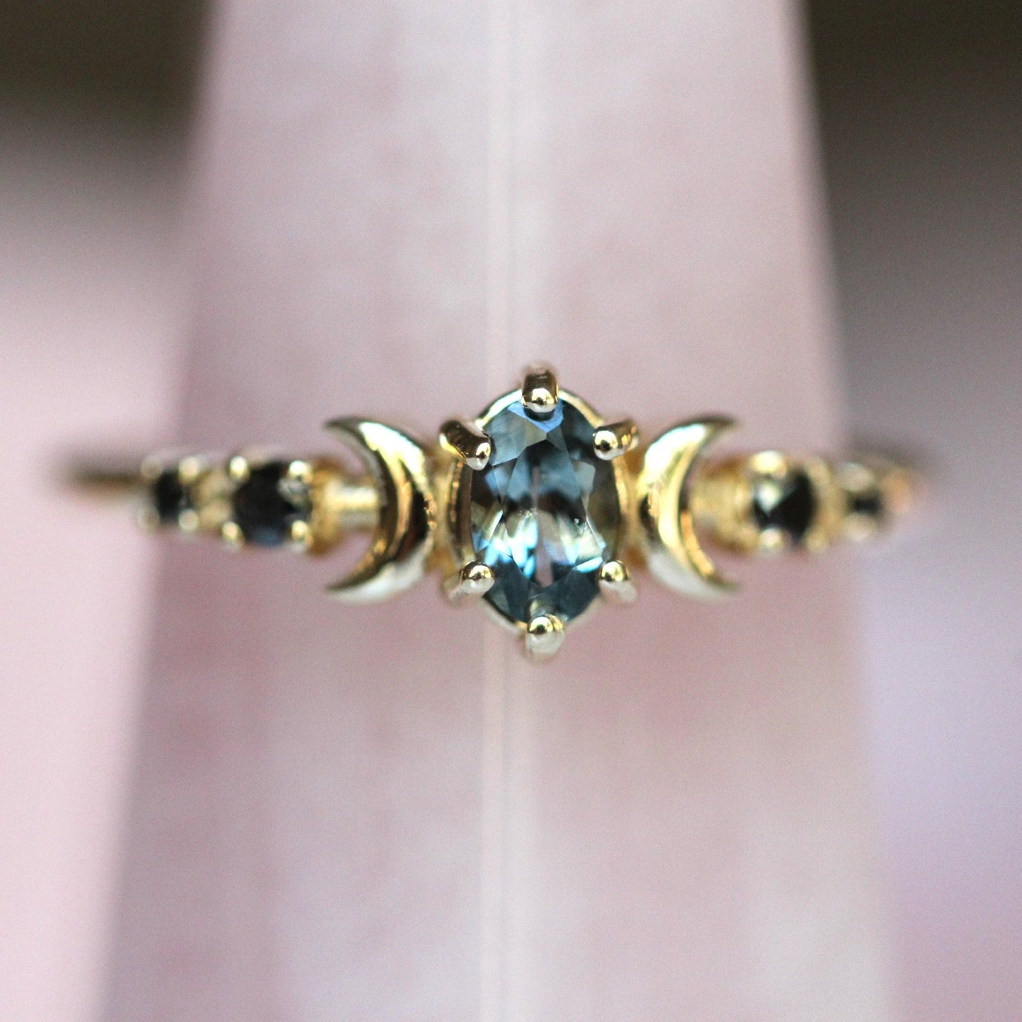 14K Moon Phase Ring, Grey Spinel and Black Diamond Ring, Double Moon Ring, 10K, Astrology Ring, Grey Stone Ring, Oval Stone, Grey Gemstone