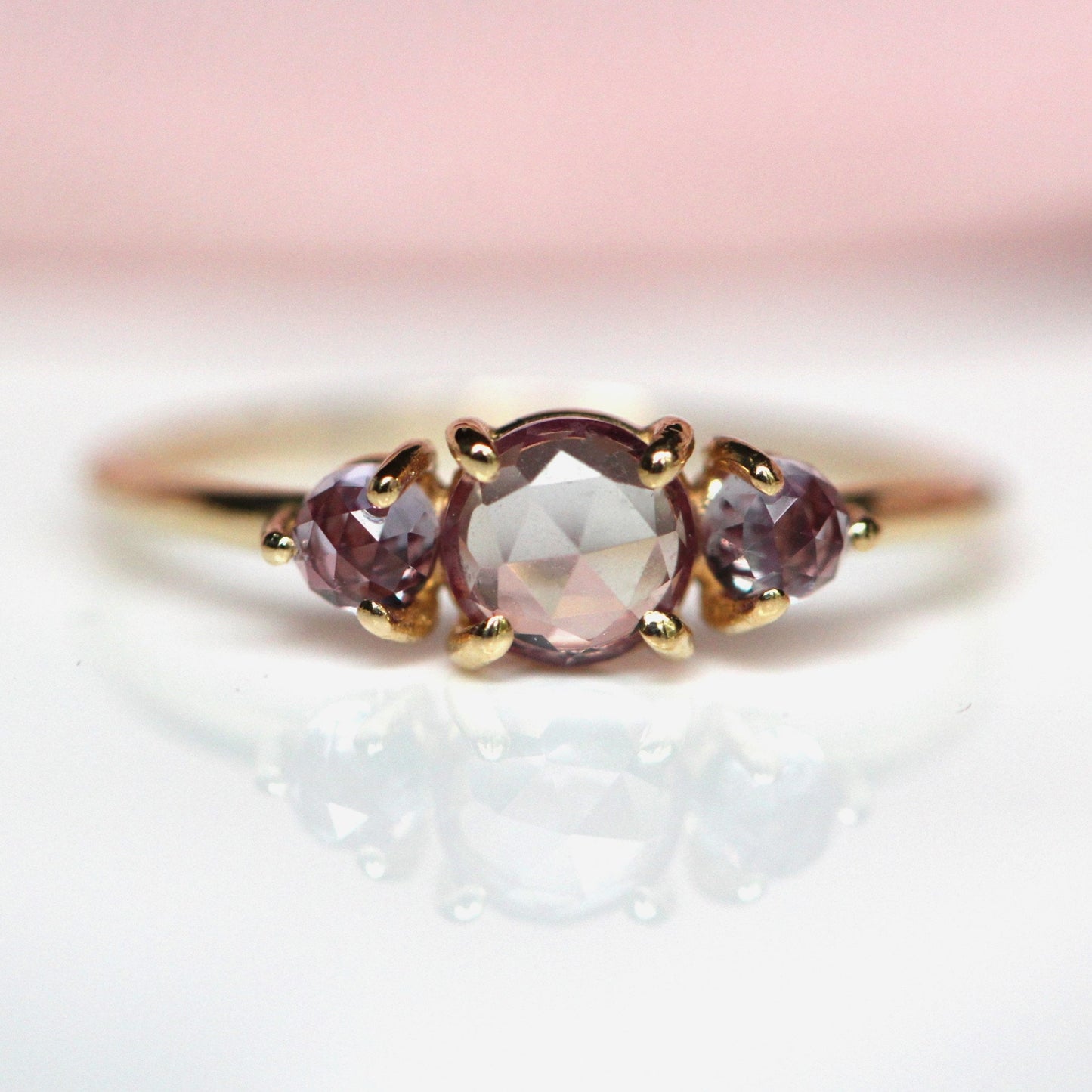 14K Alexandrite Ring, Three Stone Ring, Three Cabochon Ring, Color Changing Stone, Lab Made, 10K, June Birthstone, Purple Green, Rose Cut