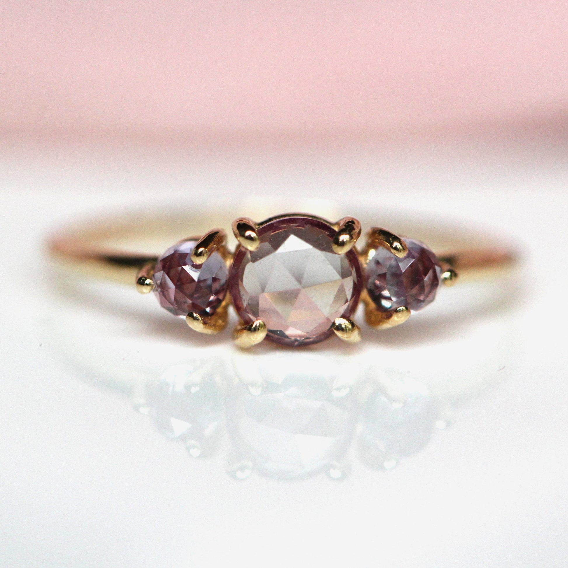 14K Alexandrite Ring, Three Stone Ring, Three Cabochon Ring, Color Changing Stone, Lab Made, 10K, June Birthstone, Purple Green, Rose Cut