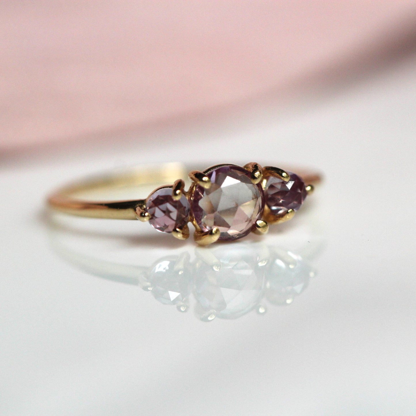 14K Alexandrite Ring, Three Stone Ring, Three Cabochon Ring, Color Changing Stone, Lab Made, 10K, June Birthstone, Purple Green, Rose Cut