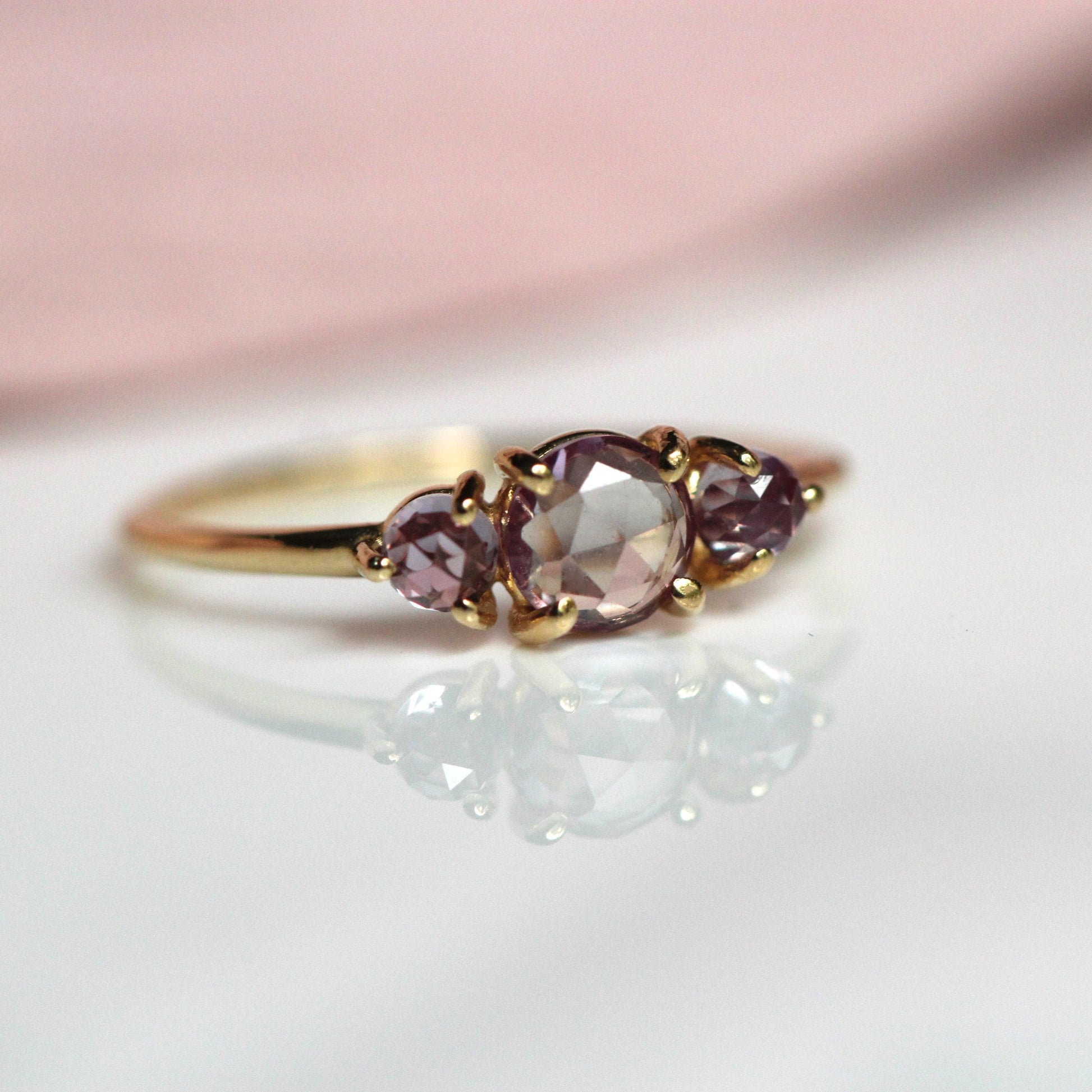 14K Alexandrite Ring, Three Stone Ring, Three Cabochon Ring, Color Changing Stone, Lab Made, 10K, June Birthstone, Purple Green, Rose Cut