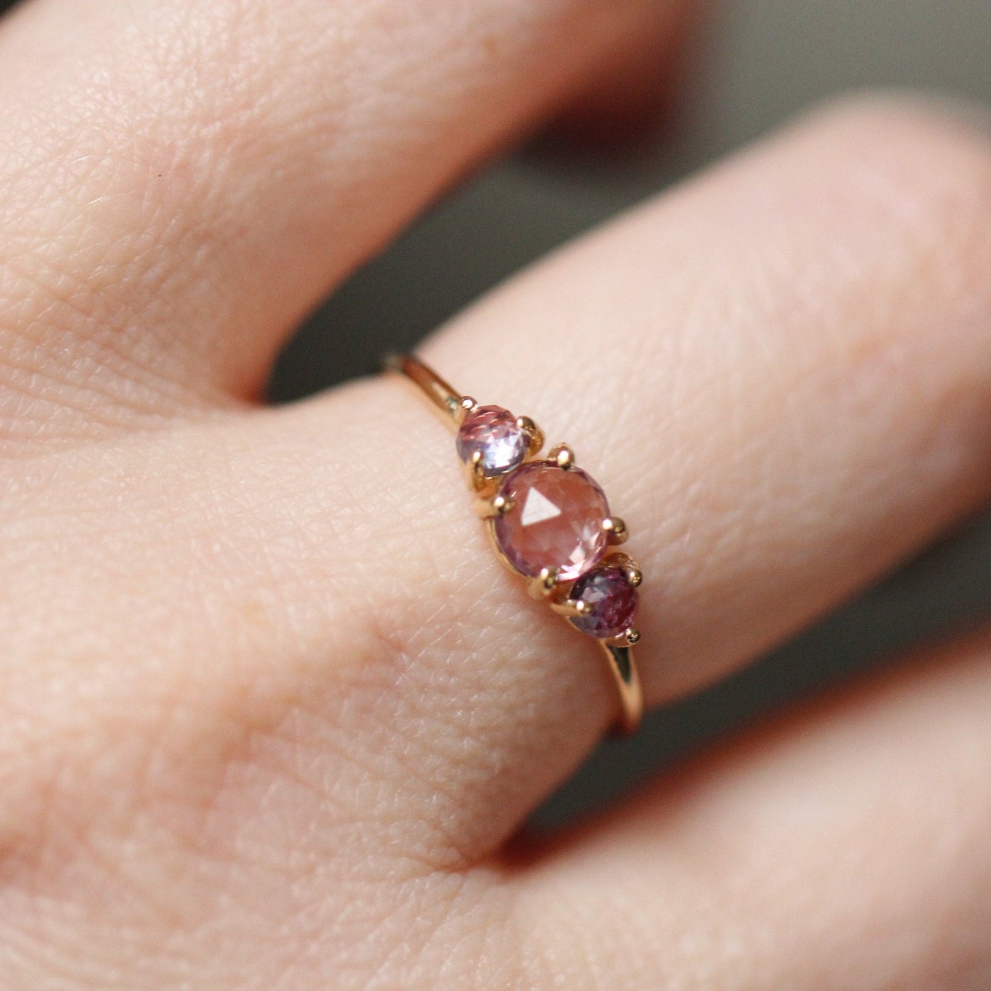 14K Alexandrite Ring, Three Stone Ring, Three Cabochon Ring, Color Changing Stone, Lab Made, 10K, June Birthstone, Purple Green, Rose Cut