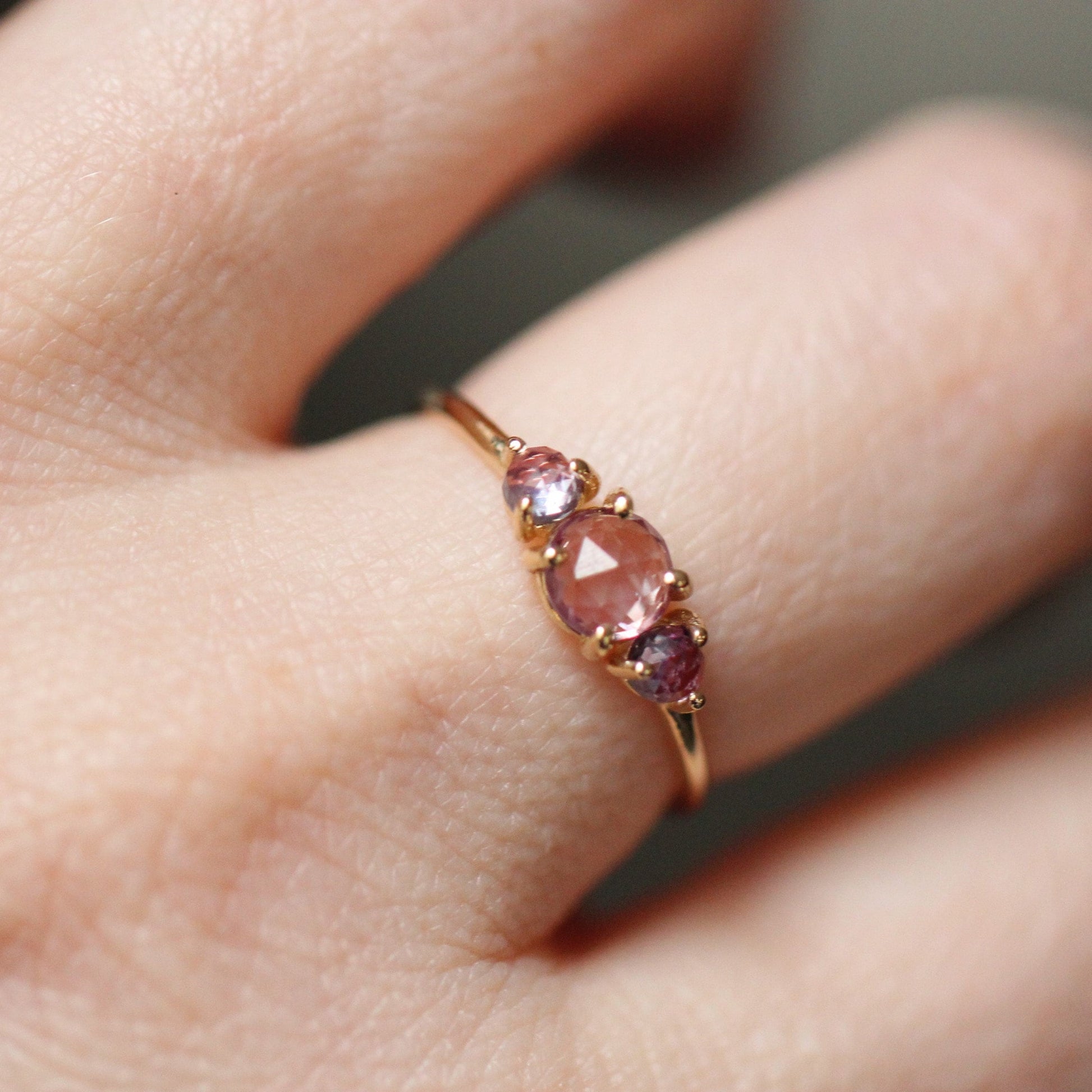 14K Alexandrite Ring, Three Stone Ring, Three Cabochon Ring, Color Changing Stone, Lab Made, 10K, June Birthstone, Purple Green, Rose Cut
