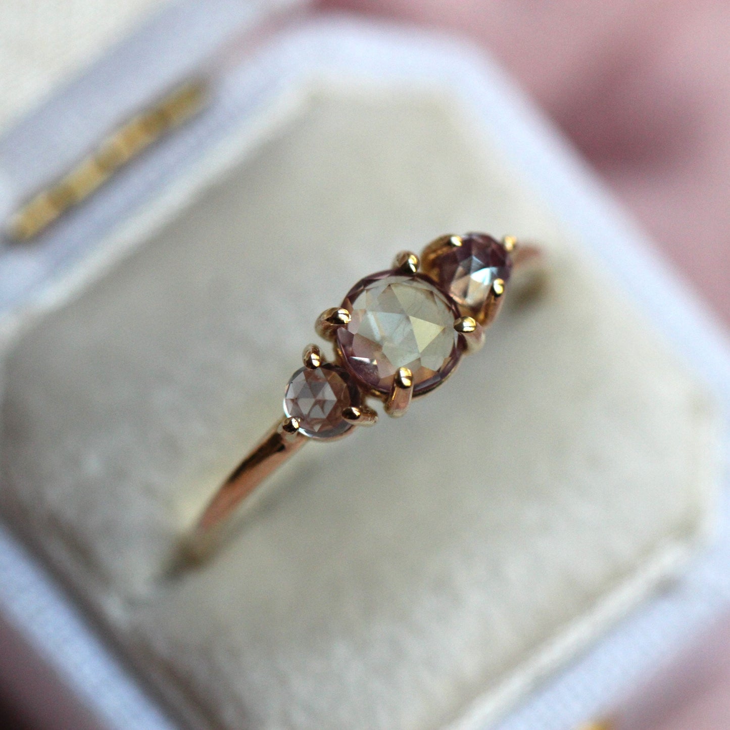 14K Alexandrite Ring, Three Stone Ring, Three Cabochon Ring, Color Changing Stone, Lab Made, 10K, June Birthstone, Purple Green, Rose Cut