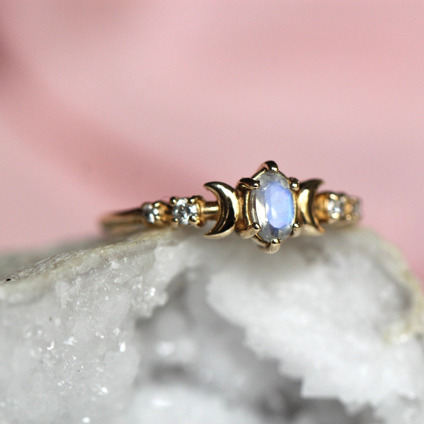 14K Moon Phase Ring, Rainbow Moonstone and Diamond Ring, Double Moon Ring, 10K, Astrology Ring, Blue Stone Ring, Oval Stone, Gemstone