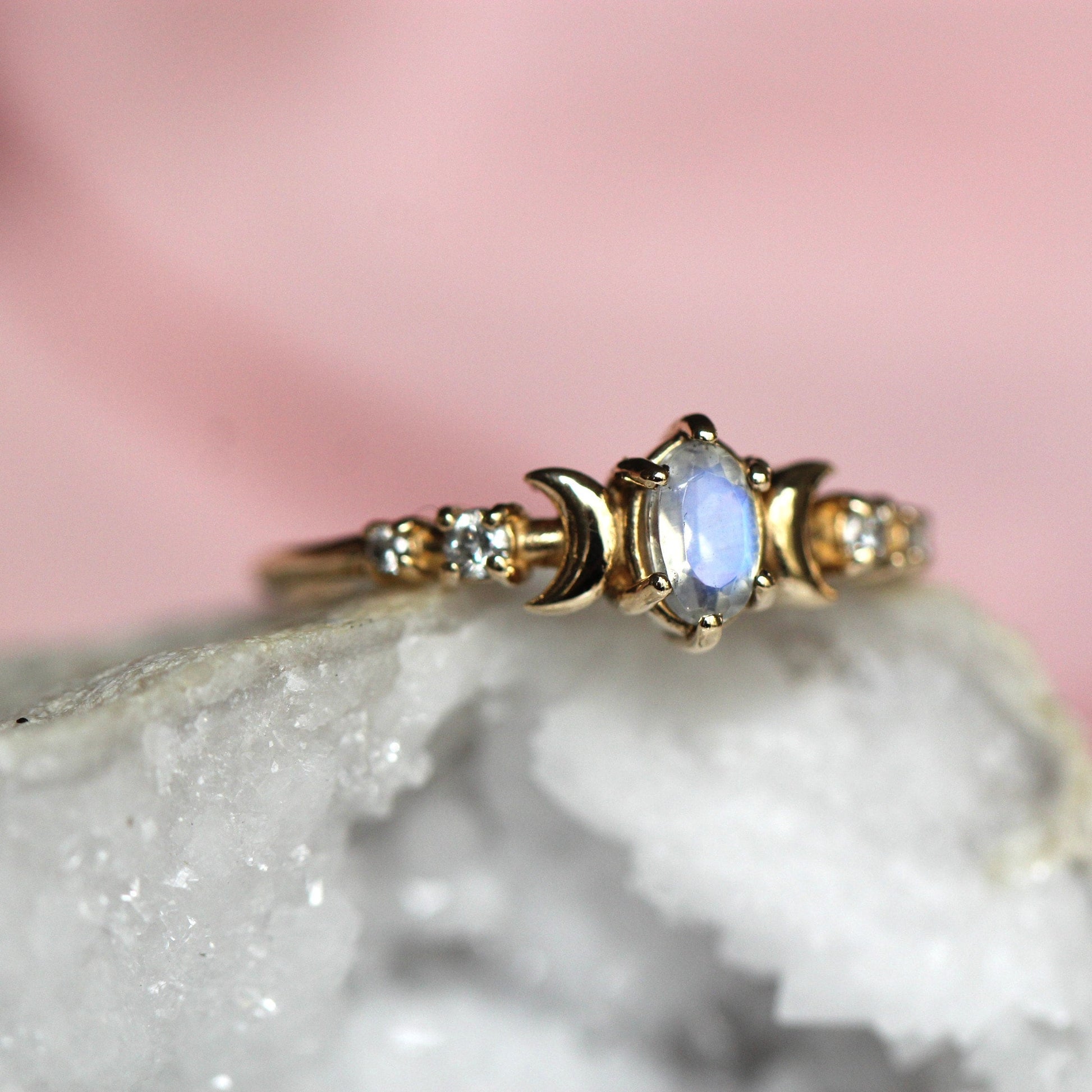 14K Moon Phase Ring, Rainbow Moonstone and Diamond Ring, Double Moon Ring, 10K, Astrology Ring, Blue Stone Ring, Oval Stone, Gemstone