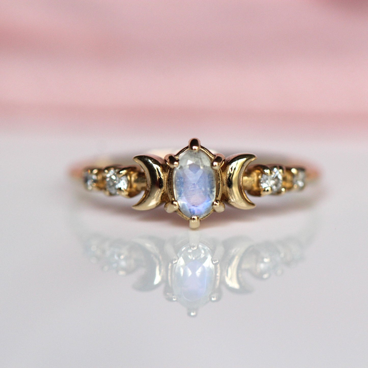 14K Moon Phase Ring, Rainbow Moonstone and Diamond Ring, Double Moon Ring, 10K, Astrology Ring, Blue Stone Ring, Oval Stone, Gemstone