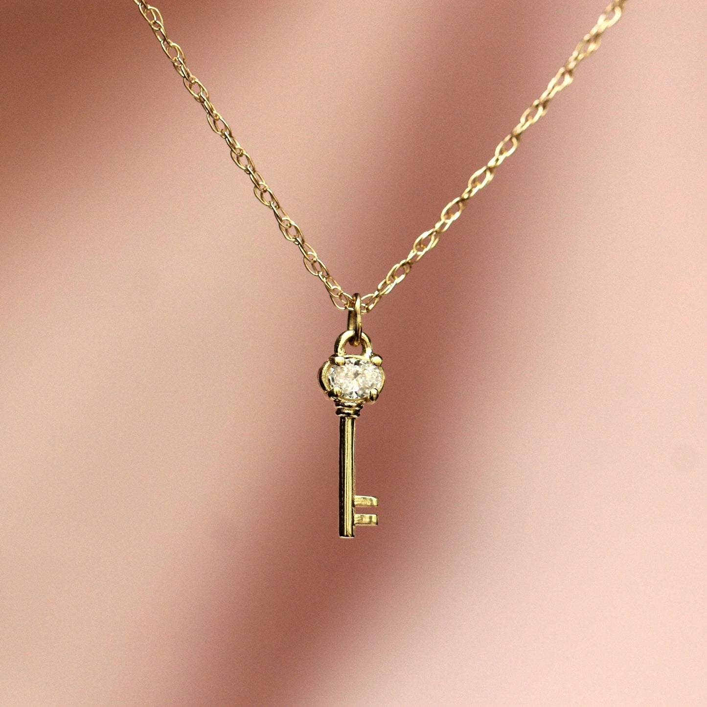 14K Gold Diamond Diary Key Pendant, Key Necklace, Skeleton Key Charm, Key Charm, Diamond Charm, Natural Diamond, 10K Gold, Unique Key