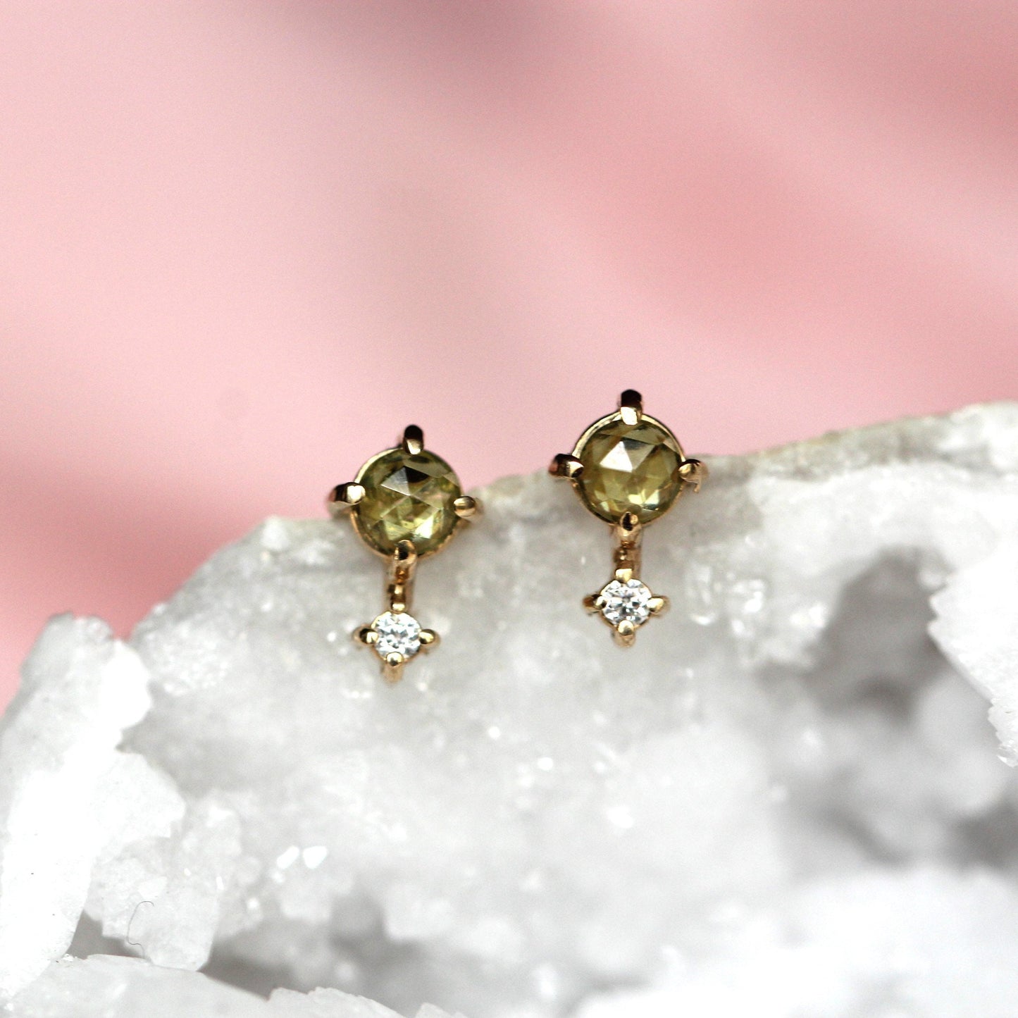 14K Peridot Diamond Studs, Love Drop Studs, Green Stone Earrings, August Birthstone, Two Stone Studs, Solid Gold Earrings, Rose Cut Stone