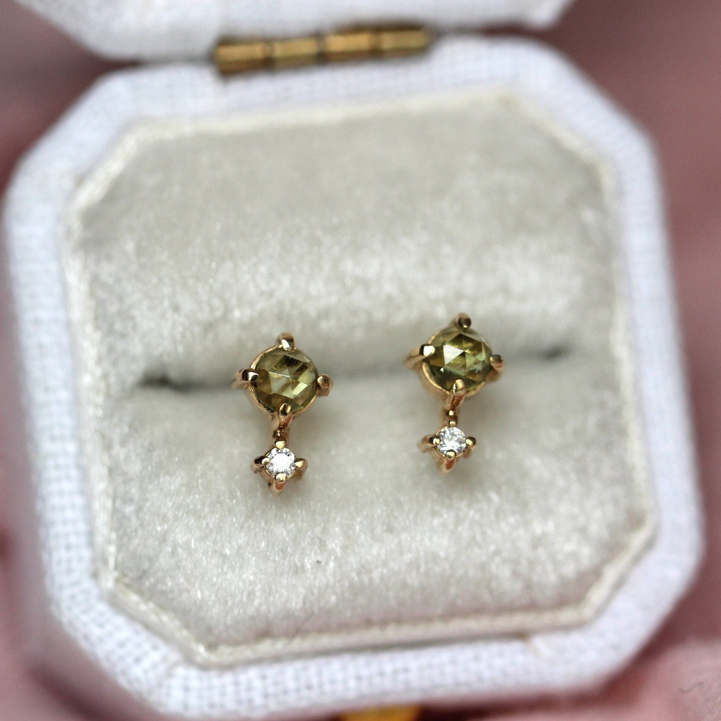 14K Peridot Diamond Studs, Love Drop Studs, Green Stone Earrings, August Birthstone, Two Stone Studs, Solid Gold Earrings, Rose Cut Stone