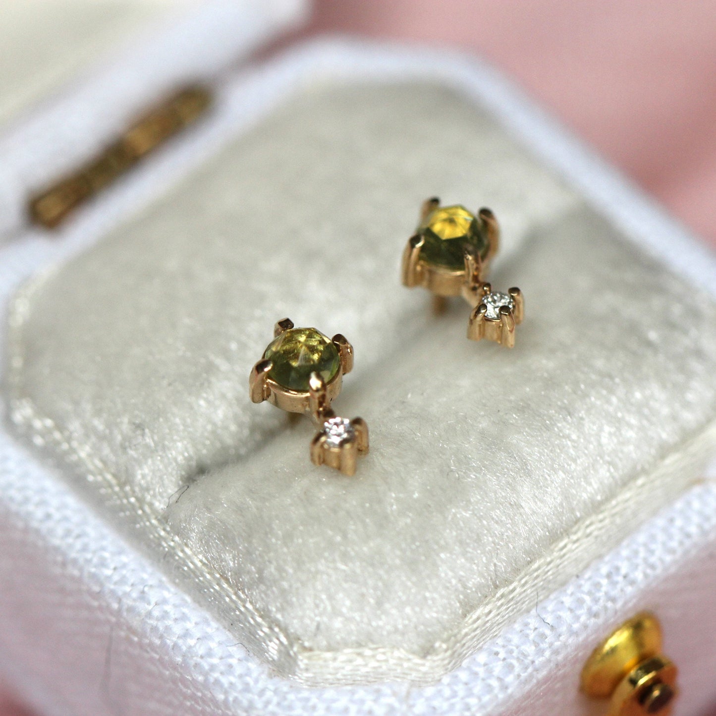 14K Peridot Diamond Studs, Love Drop Studs, Green Stone Earrings, August Birthstone, Two Stone Studs, Solid Gold Earrings, Rose Cut Stone