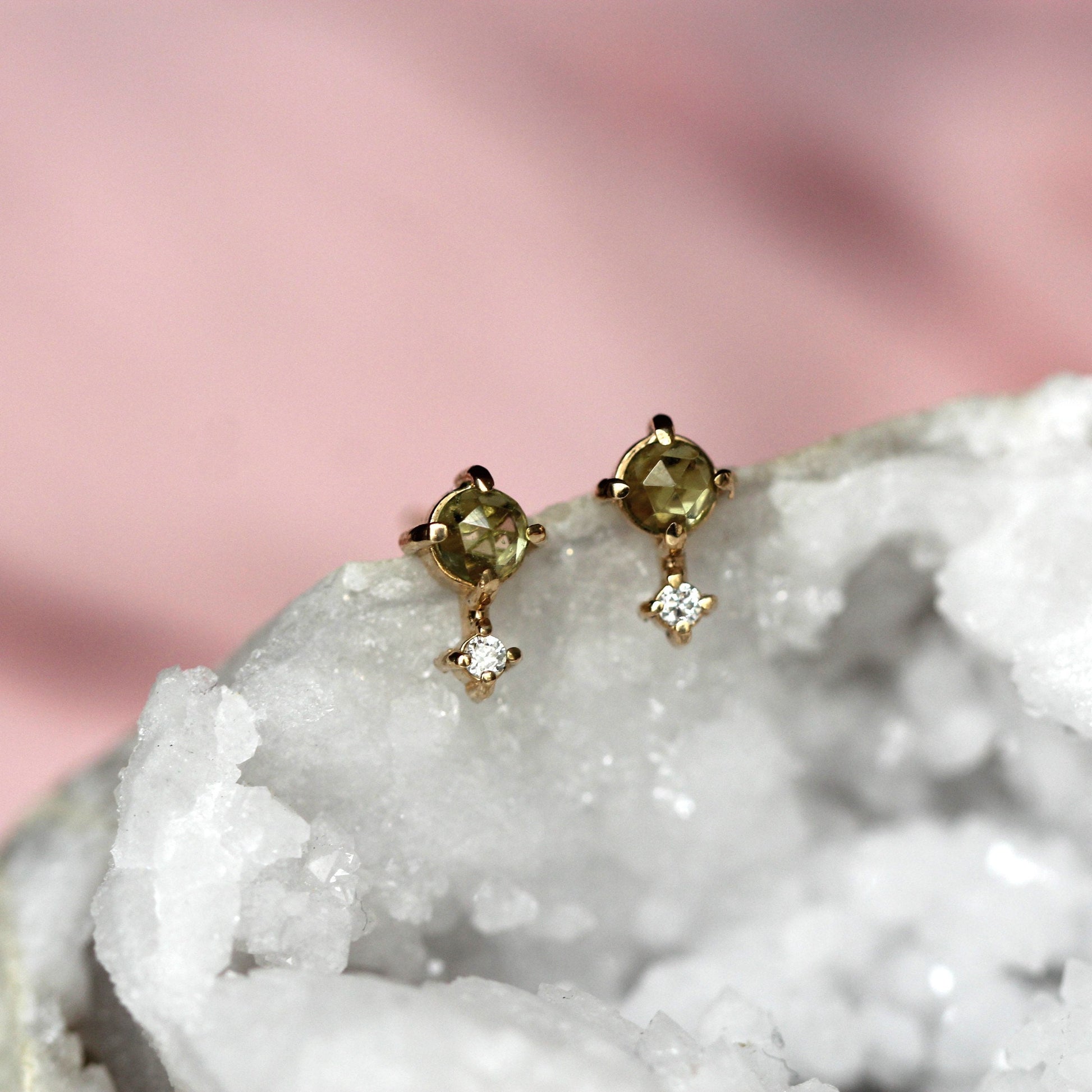 14K Peridot Diamond Studs, Love Drop Studs, Green Stone Earrings, August Birthstone, Two Stone Studs, Solid Gold Earrings, Rose Cut Stone