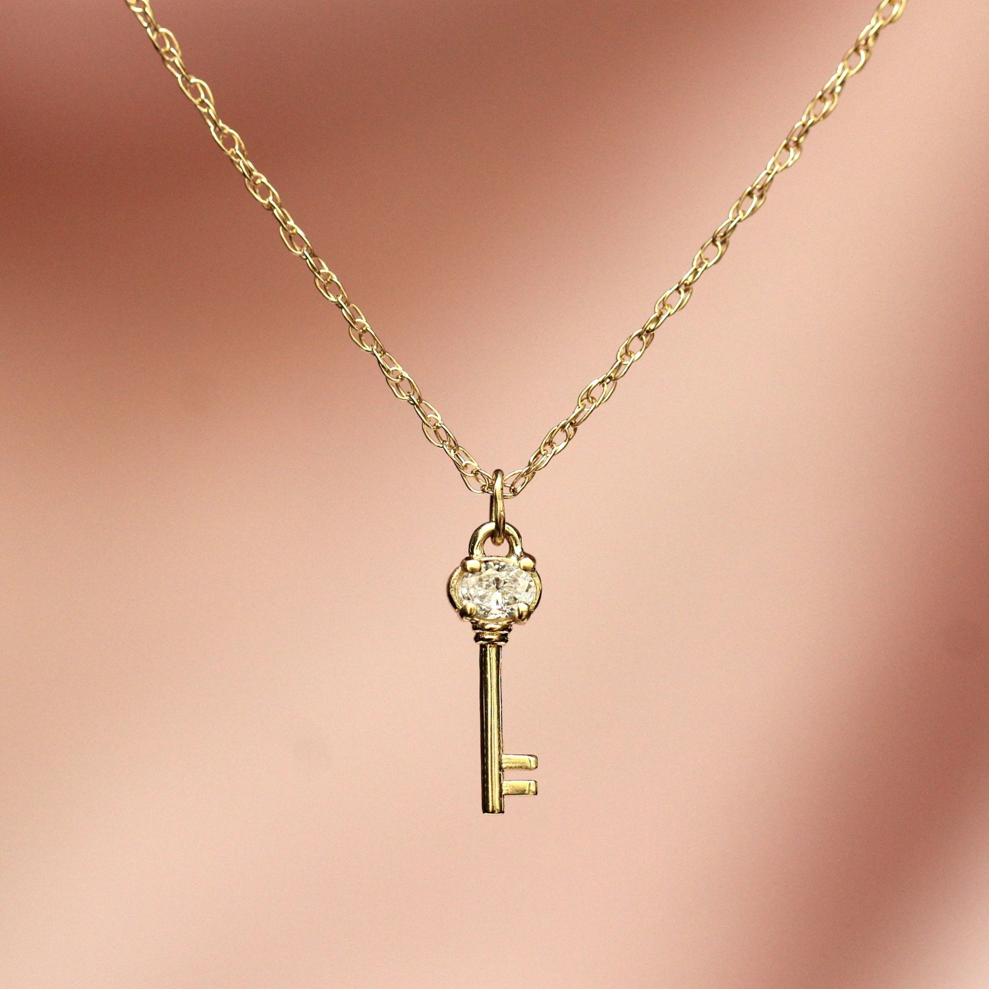 14K Gold Diamond Diary Key Pendant, Key Necklace, Skeleton Key Charm, Key Charm, Diamond Charm, Natural Diamond, 10K Gold, Unique Key