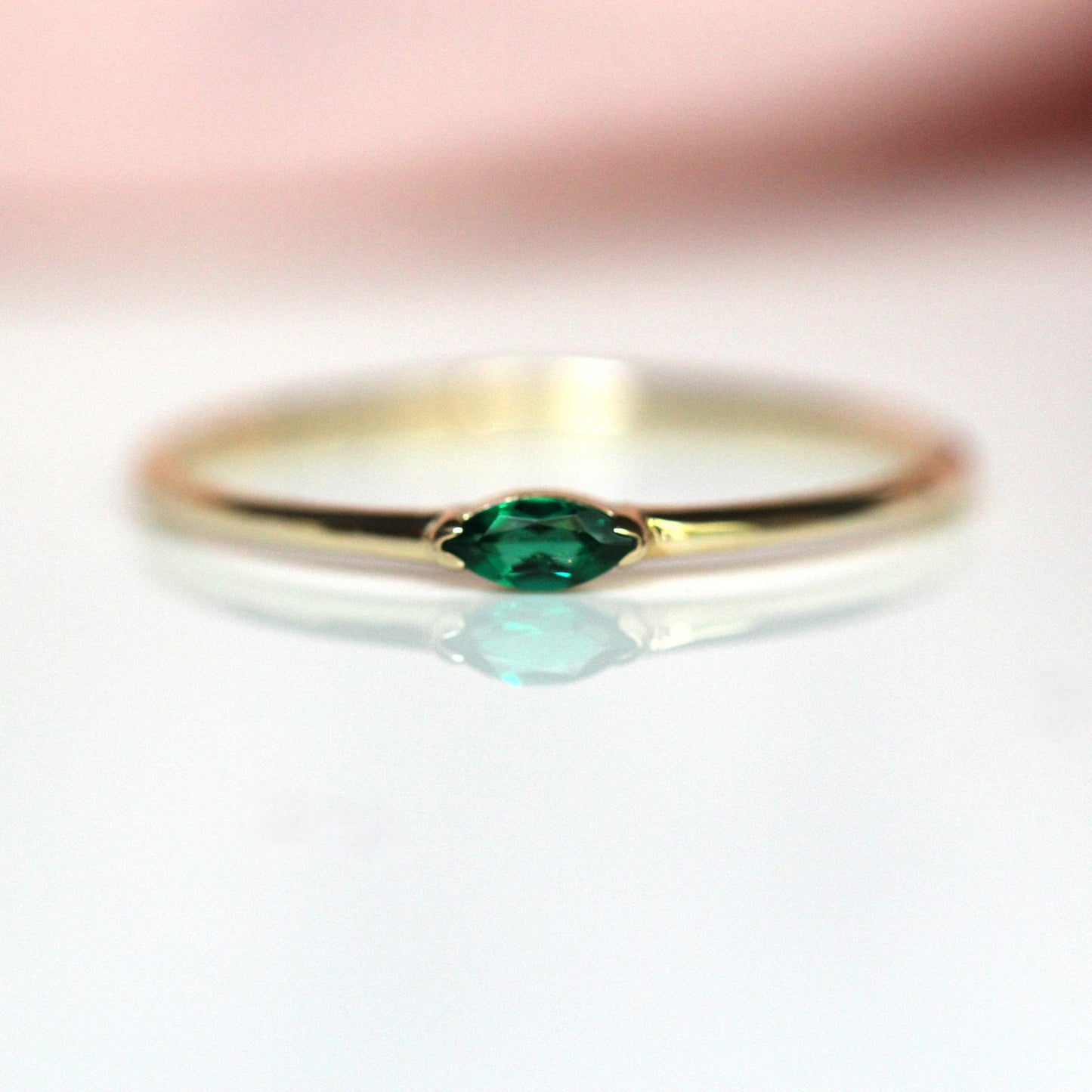 14K Gold Marquise Emerald Ring, "Wink" Ring, Stacking Ring, Green Stone, Double Pointed Shape, 10K Marquise Emerald, May Birthstone, Stacker
