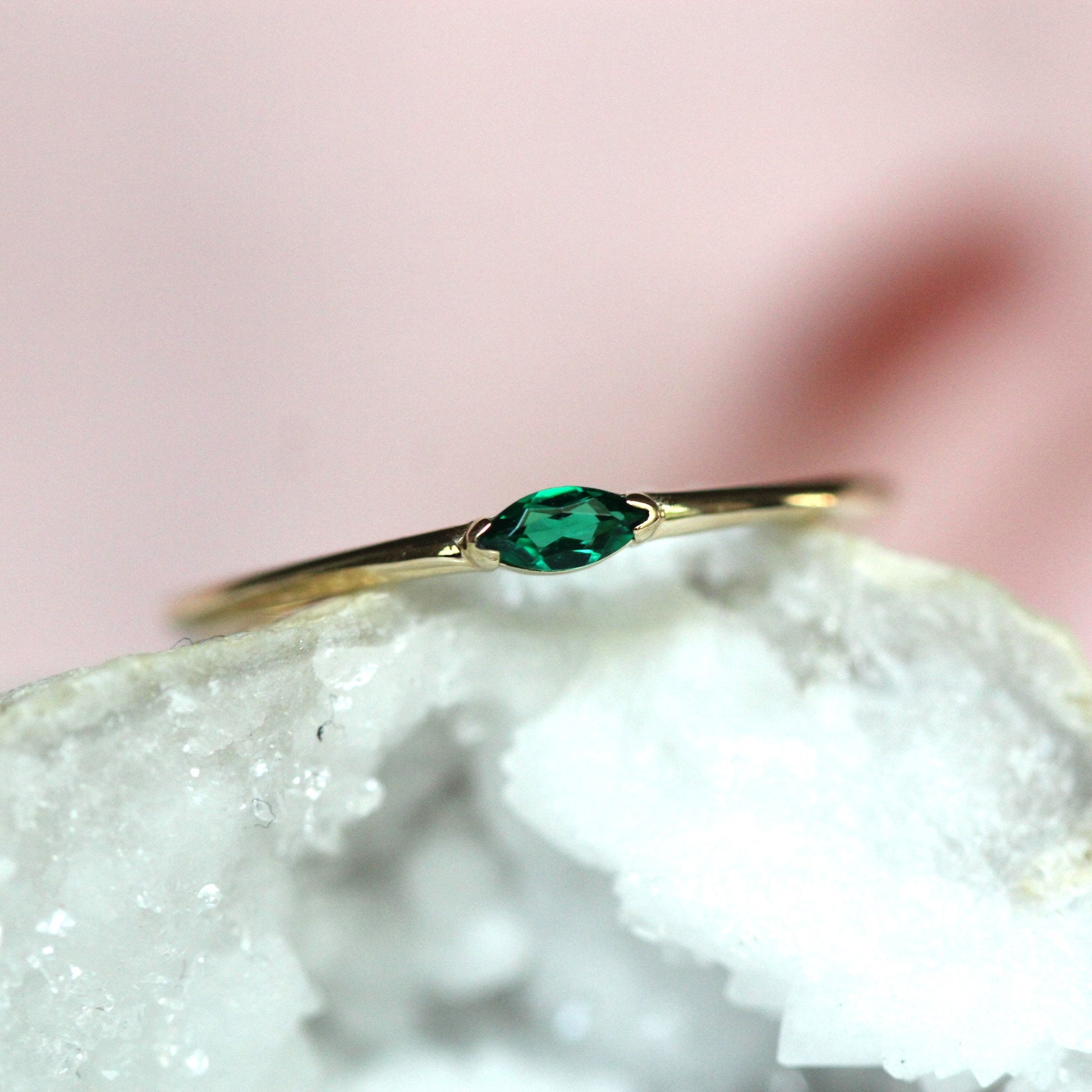 14K Gold Marquise Emerald Ring, "Wink" Ring, Stacking Ring, Green Stone, Double Pointed Shape, 10K Marquise Emerald, May Birthstone, Stacker