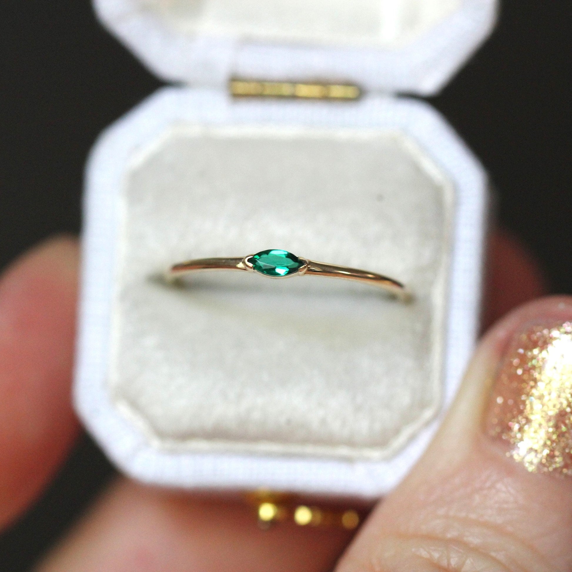 14K Gold Marquise Emerald Ring, "Wink" Ring, Stacking Ring, Green Stone, Double Pointed Shape, 10K Marquise Emerald, May Birthstone, Stacker