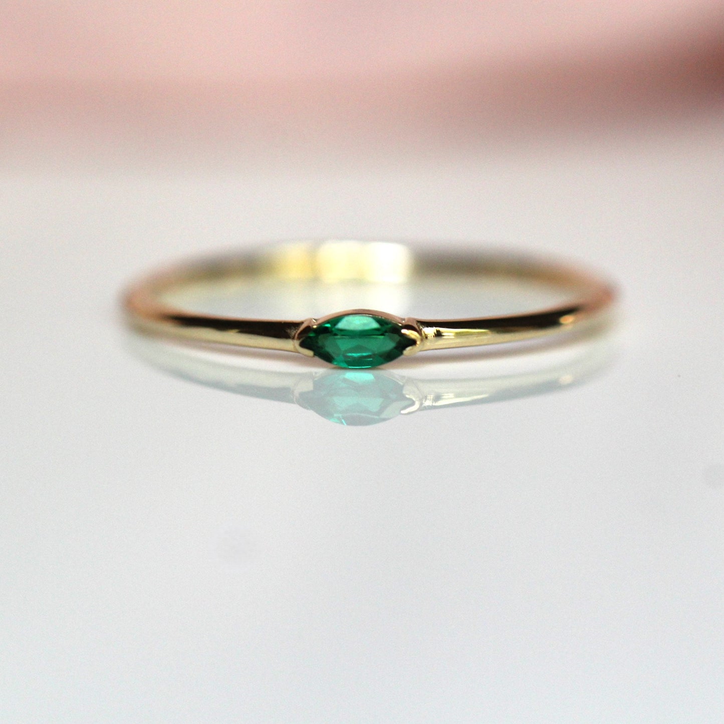 14K Gold Marquise Emerald Ring, "Wink" Ring, Stacking Ring, Green Stone, Double Pointed Shape, 10K Marquise Emerald, May Birthstone, Stacker
