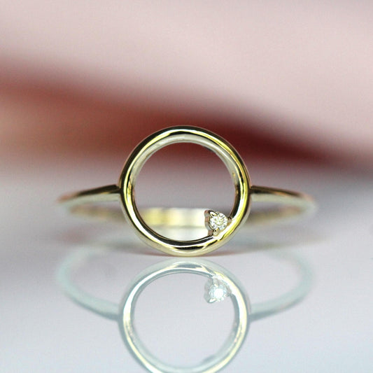 14K Open Circle Ring, Circle Diamond Ring, Modern Circle Ring, Geometric Ring, Round Ring, Loop Ring, Asymmetrical, Solid Gold Ring, 10K