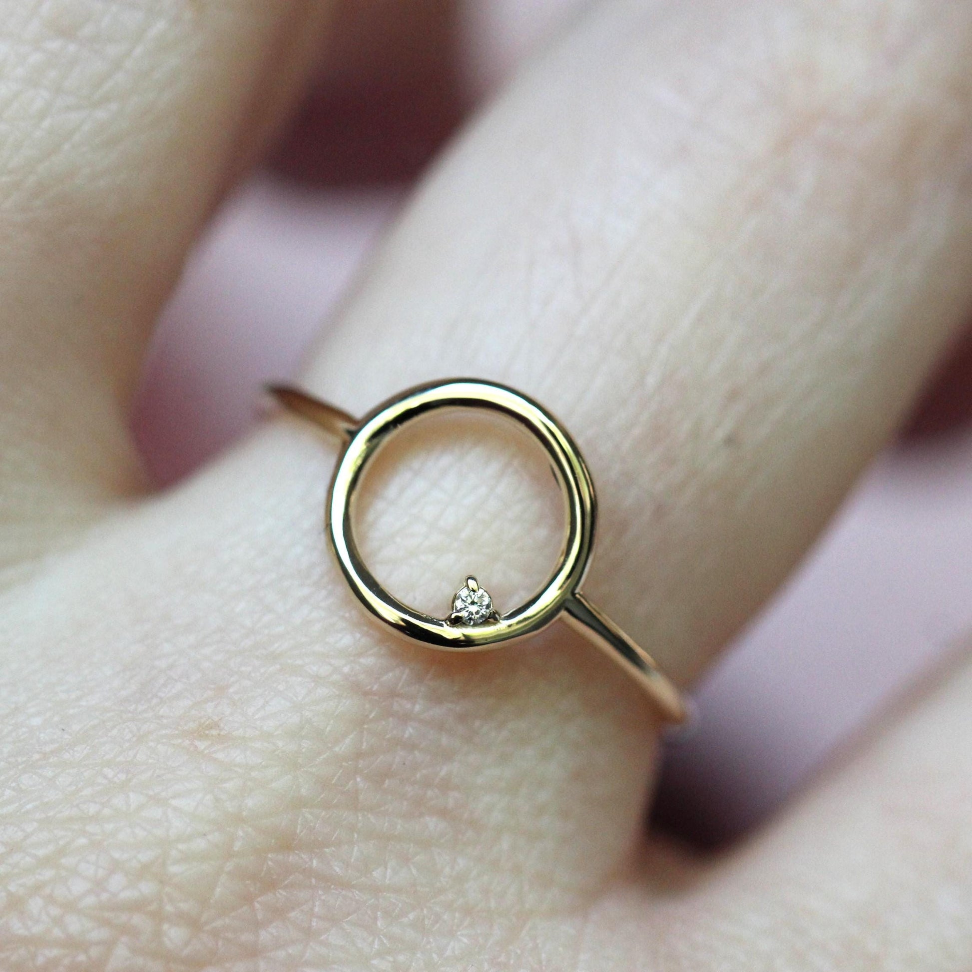 14K Open Circle Ring, Circle Diamond Ring, Modern Circle Ring, Geometric Ring, Round Ring, Loop Ring, Asymmetrical, Solid Gold Ring, 10K