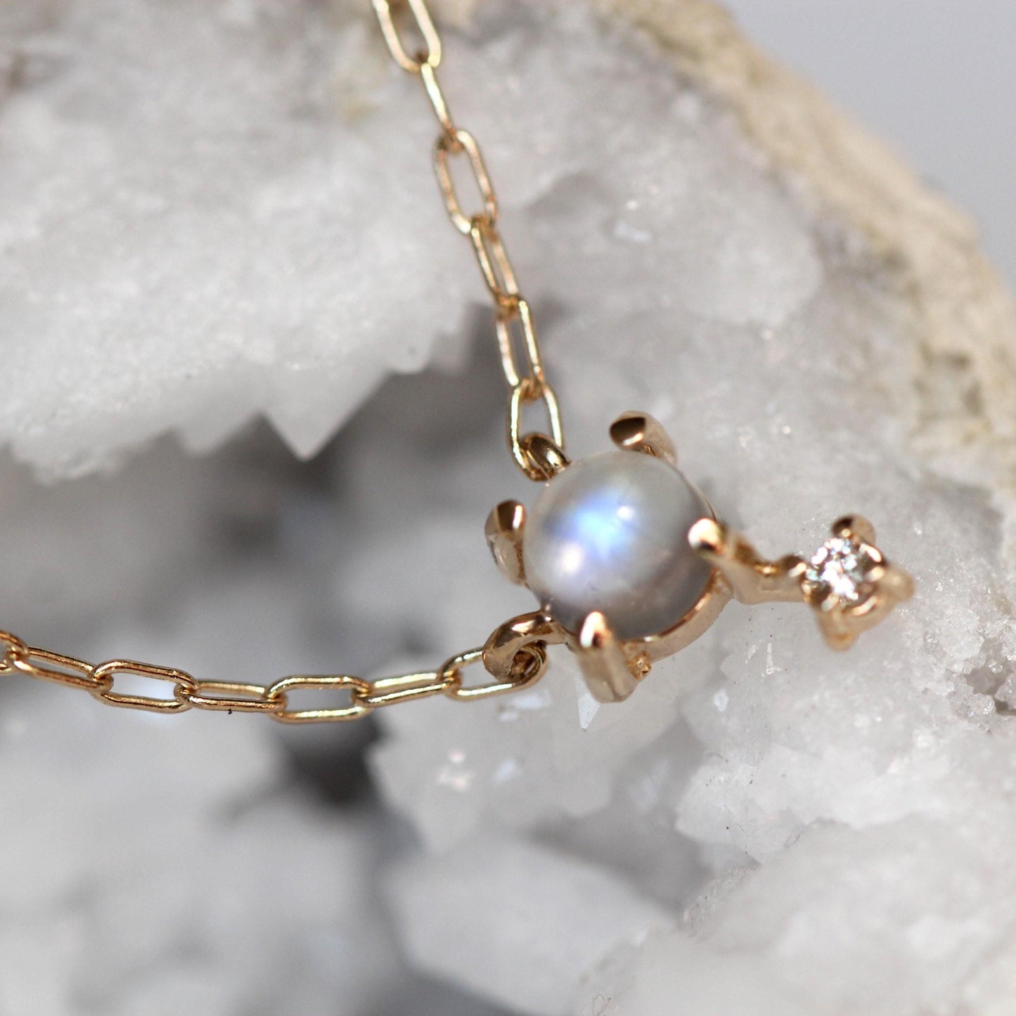 14K Gold Moonstone Diamond Necklace, "Love Drop" Necklace, Moonstone, Solid Gold Necklace, Minimal Jewelry, Layering Necklace, June