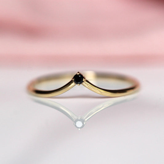 14K Gold "Swoop" Ring, Black Diamond Ring, Diamond Chevron Ring, V Ring, Curved Diamond Ring, 10K Stacking Ring, Solid Gold Ring, Real Gold
