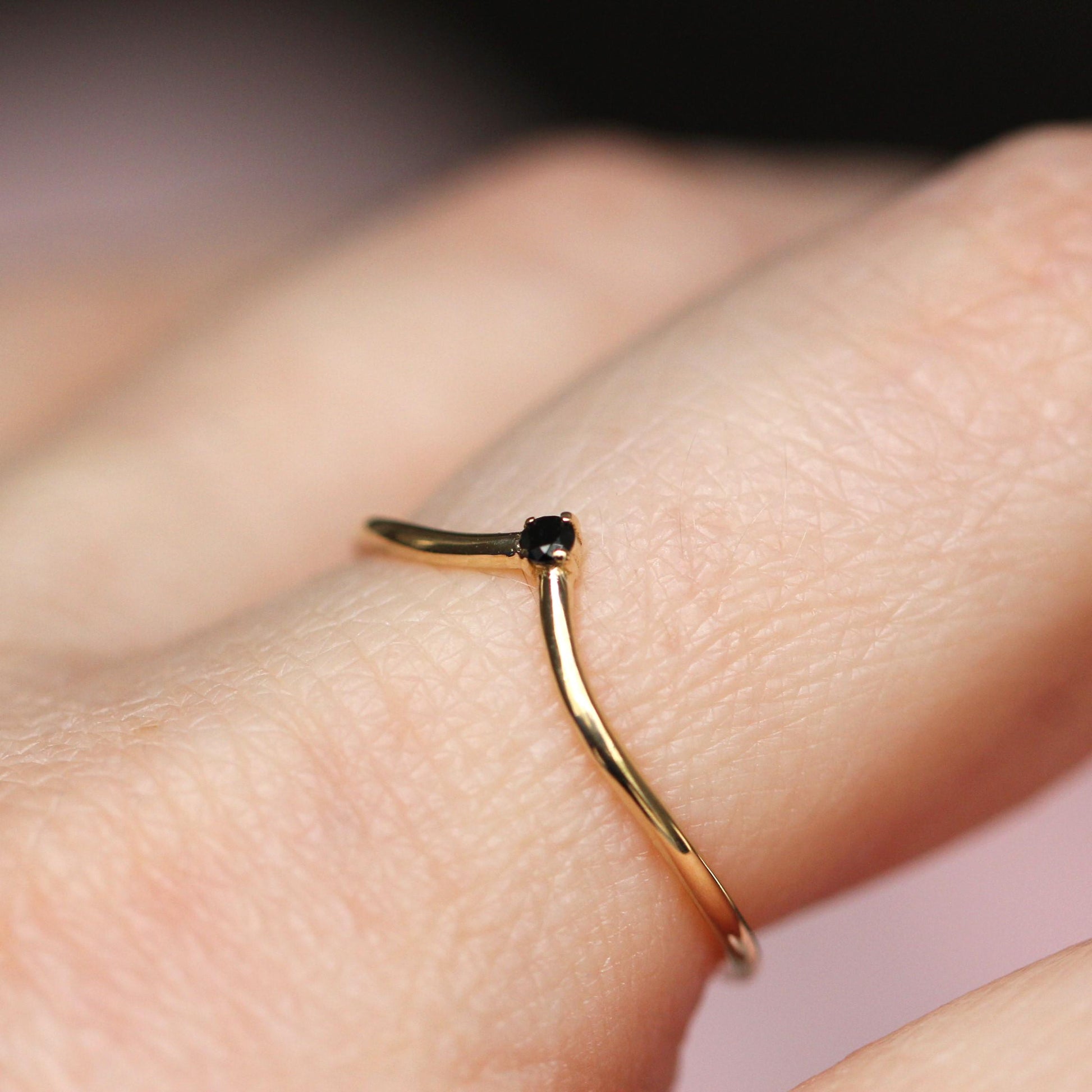 14K Gold "Swoop" Ring, Black Diamond Ring, Diamond Chevron Ring, V Ring, Curved Diamond Ring, 10K Stacking Ring, Solid Gold Ring, Real Gold