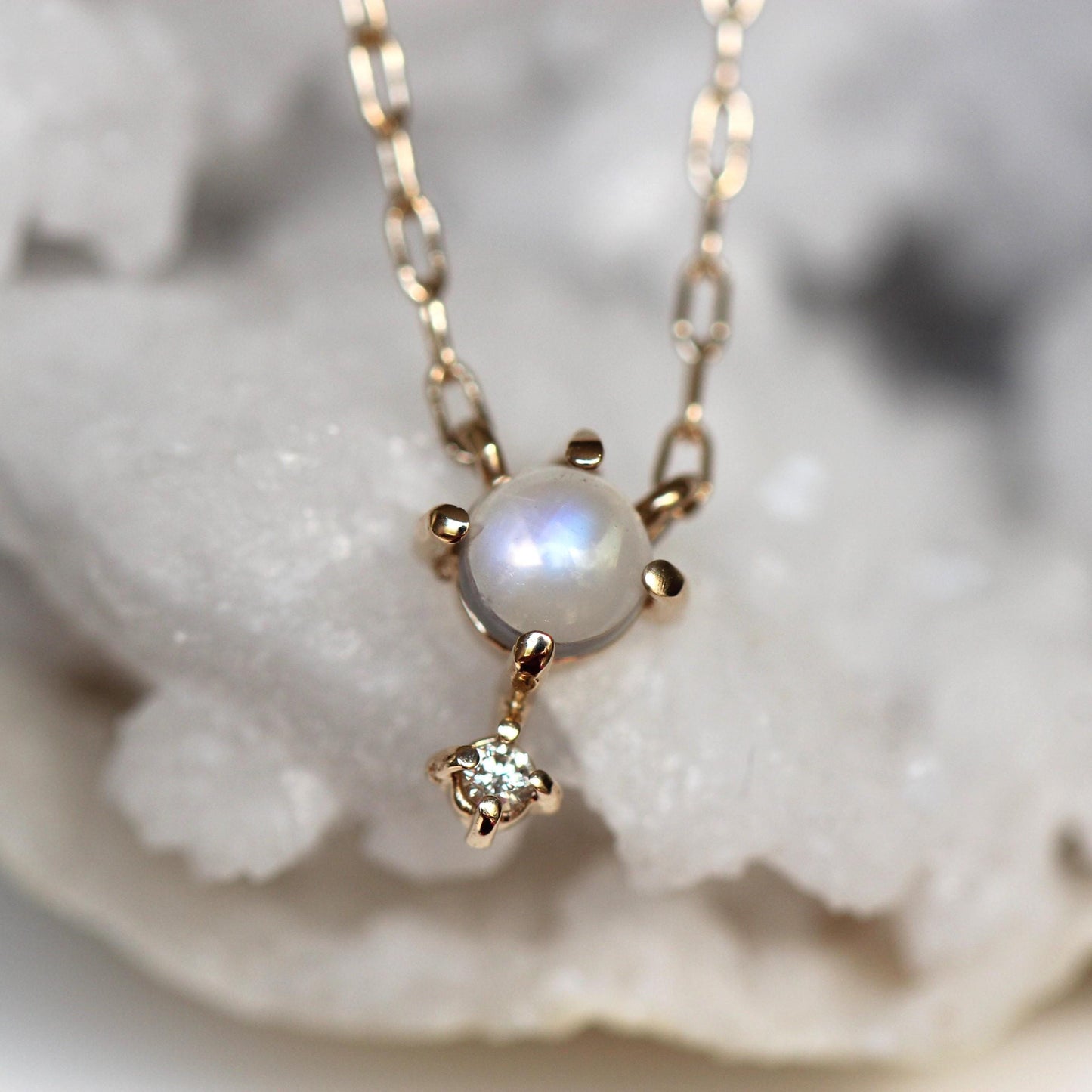 14K Gold Moonstone Diamond Necklace, "Love Drop" Necklace, Moonstone, Solid Gold Necklace, Minimal Jewelry, Layering Necklace, June