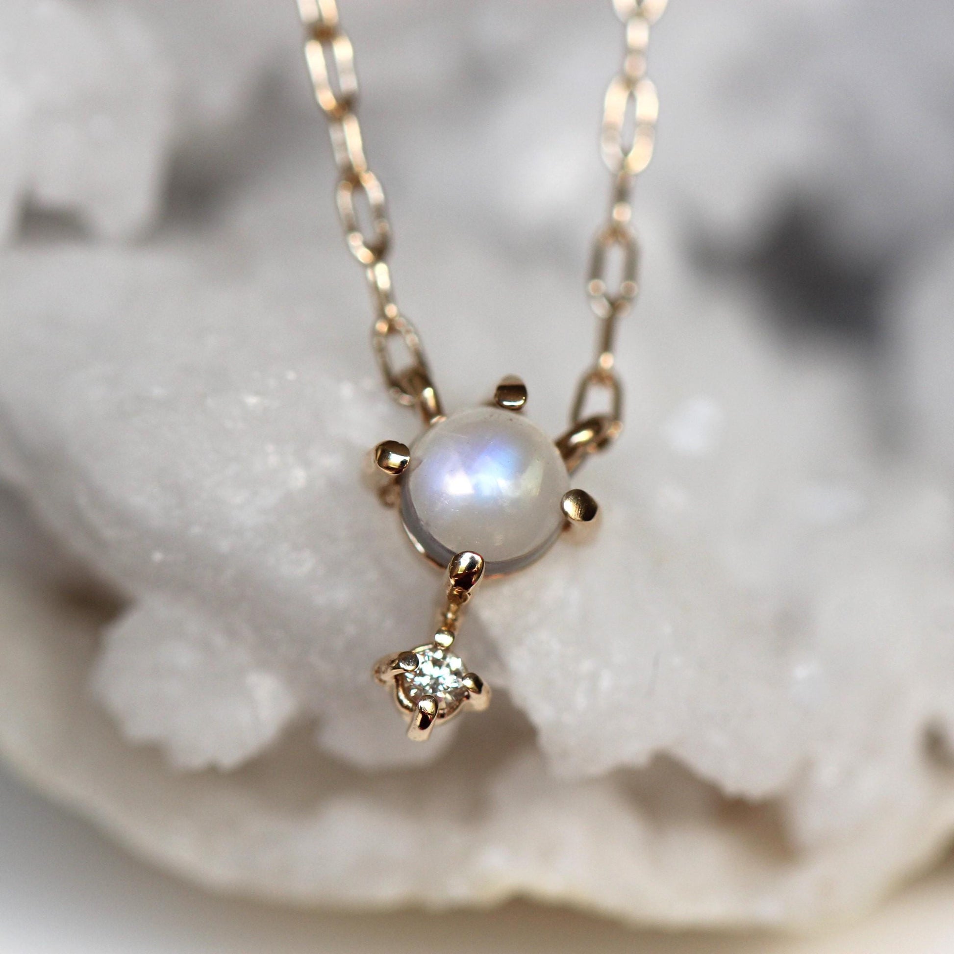 14K Gold Moonstone Diamond Necklace, "Love Drop" Necklace, Moonstone, Solid Gold Necklace, Minimal Jewelry, Layering Necklace, June