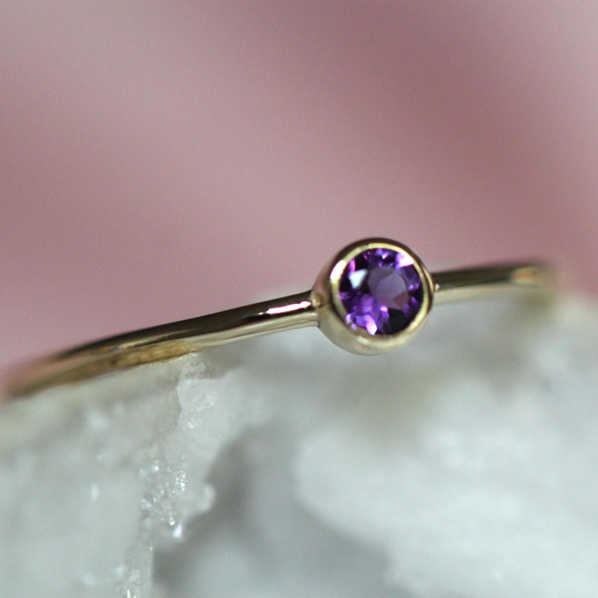 14K Gold Amethyst Bezel Ring, February Birthstone, Purple Stone Ring, Stacking Ring, Solitaire Ring, Gift for Her, 3mm Stone, 10K Gold