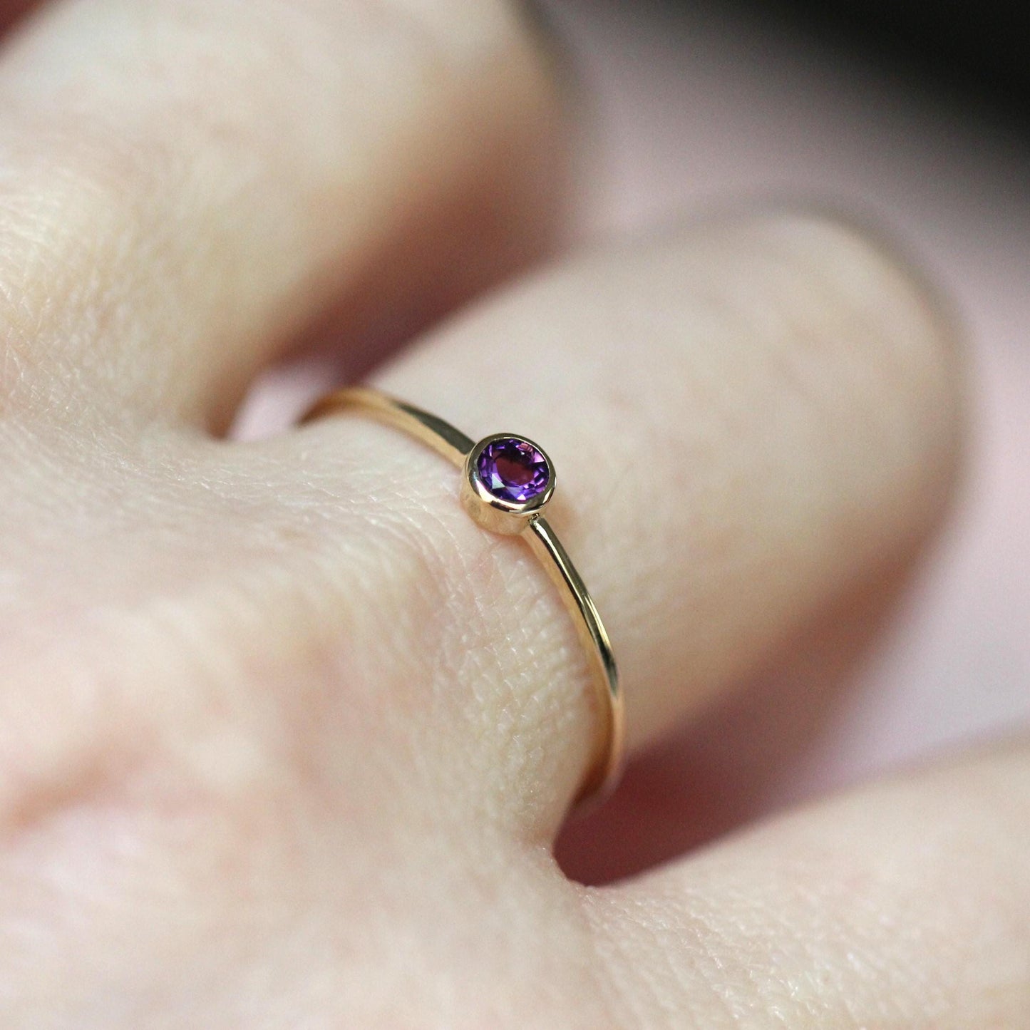 14K Gold Amethyst Bezel Ring, February Birthstone, Purple Stone Ring, Stacking Ring, Solitaire Ring, Gift for Her, 3mm Stone, 10K Gold