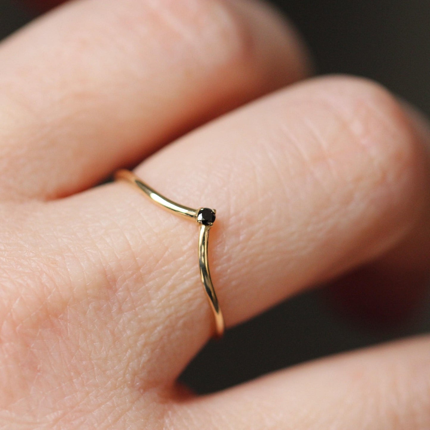 14K Gold "Swoop" Ring, Black Diamond Ring, Diamond Chevron Ring, V Ring, Curved Diamond Ring, 10K Stacking Ring, Solid Gold Ring, Real Gold