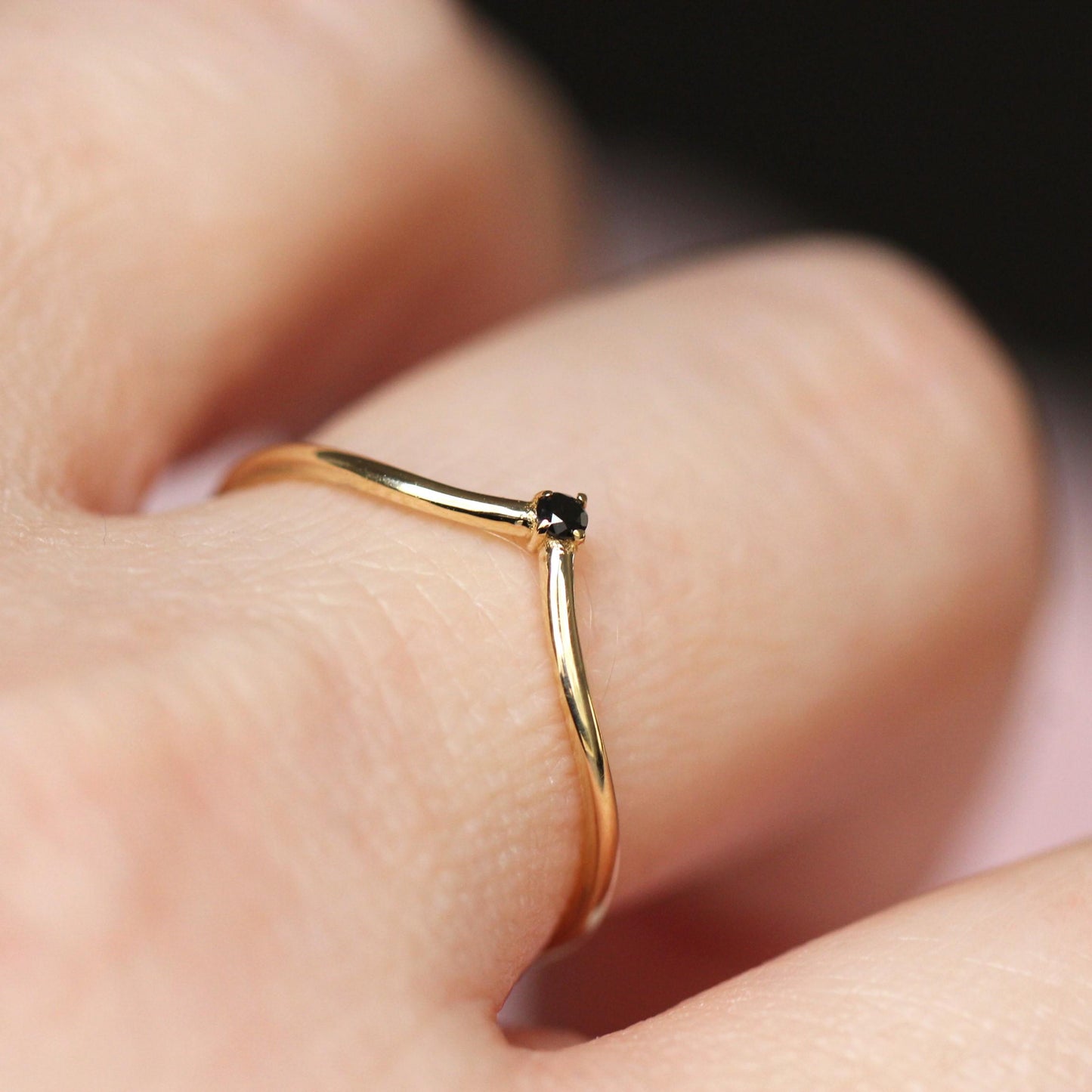 14K Gold "Swoop" Ring, Black Diamond Ring, Diamond Chevron Ring, V Ring, Curved Diamond Ring, 10K Stacking Ring, Solid Gold Ring, Real Gold