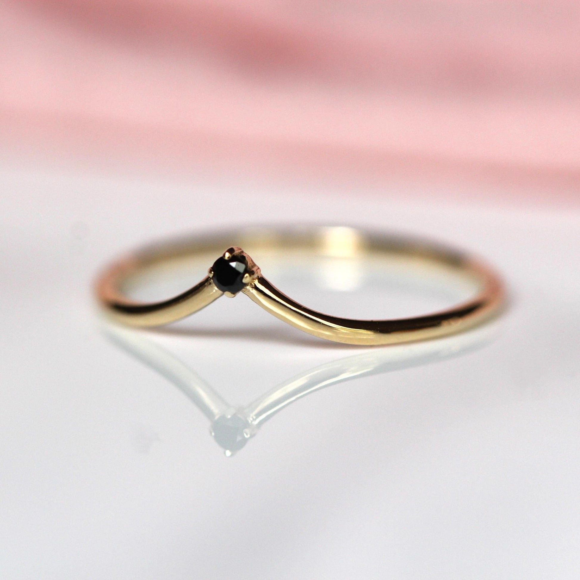14K Gold "Swoop" Ring, Black Diamond Ring, Diamond Chevron Ring, V Ring, Curved Diamond Ring, 10K Stacking Ring, Solid Gold Ring, Real Gold